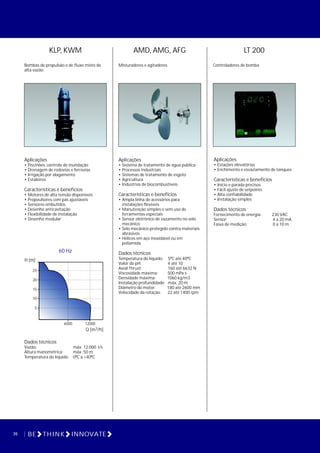 26 BE THINK INNOVATE
KLP, KWM
Bombas de propulsão e de fluxo misto de
alta vazão
60 Hz
Aplicações
• Piscinões, controle de inundação
• Drenagem de rodovias e ferrovias
• Irrigação por alagamento
• Estaléiros
Características e benefícios
• Motores de alta tensão disponíveis
• Propoulsores com pás ajustáveis
• Sensores embutidos
• Desenho anticavitação
• Flexibilidade de instalação
• Desenho modular
AMD, AMG, AFG
Misturadores e agitadores
Aplicações
• Sistema de tratamento de água pública
• Processos industriais
• Sistemas de tratamento de esgoto
• Agricultura
• Industrias de biocombustiveis
Características e benefícios
• Ampla linha de acessórios para
instalações flexíveis
• Manutenção simples e sem uso de
ferramentas especiais
• Sensor eletrônico de vazamento no selo
mecânico
• Selo mecânico protegido contra materiais
abrasivos
• Hélices em aço inoxidável ou em
poliamida
Dados técnicos
Temperatura do líquido: 5ºC até 40ºC
Valor do pH: 4 até 10
Axial Thrust: 160 até 6632 N
Viscosidade máxima: 500 mPa s
Densidade máxima: 1060 kg/m3
Instalação profundidade: máx. 20 m
Diâmetro do motor: 180 até 2600 mm
Velocidade da rotação: 22 até 1400 rpm
Dados técnicos
Vazão: máx. 12.000 I/s
Altura manométrica: máx. 50 m
Temperatura do líquido: 0ºC a +40ºC
LT 200
Controladores de bomba
Aplicações
• Estações elevatórias
• Enchimento e esvaziamento de tanques.
Características e benefícios
• Início e parada precisos
• Fácil ajuste de setpoints
• Alta confiabilidade
• Instalação simples
Dados técnicos
Fornecimento de energia: 230 VAC
Sensor: 4 a 20 mA
Faixa de medição: 0 a 10 m
3Q [m /h]
5
H [m]
6000 12000
10
15
20
25
 