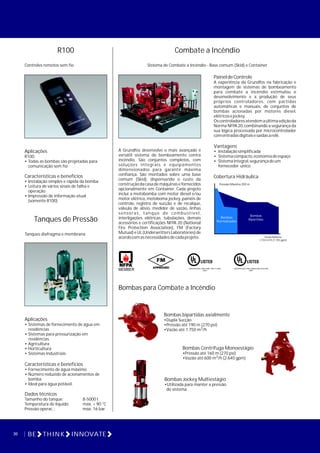30 BE THINK INNOVATE
Tanques de Pressão
Tanques diafragma e membrana
Aplicações
• Sistemas de fornecimento de água em
residências
• Sistemas para pressurização em
residências
• Agricultura
• Horticultura
• Sistemas industriais
Características e benefícios
• Fornecimento de água máximo
• Número reduzido de acionamentos de
bomba
• Ideal para água potável.
Dados técnicos
Tamanho do tanque: 8-5000 l
Temperatura do líquido: máx. + 90 °C
Pressão operac.: máx. 16 bar.
Aplicações
R100:
• Todas as bombas são projetadas para
comunicação sem fio
Características e benefícios
• Instalação simples e rápida da bomba
• Leitura de vários sinais de falha e
operação
• Impressão de informação atual
(somente R100)
R100
Controles remotos sem fio
Combate a Incêndio
Sistema de Combate a Incêndio - Base comum (Skid) e Container
A Grundfos desenvolve o mais avançado e
versátil sistema de bombeamento contra
incêndio. São conjuntos completos, com
soluções integrais e equipamentos
dimensionados para garantir máxima
confiança. São montados sobre uma base
comum (Skid), dispensando o custo da
construçãodacasademáquinasefornecidos
opcionalmente em Container. Cada projeto
inclui a motobomba com motor diesel e/ou
motor elétrico, motoboma jockey, painéis de
controle, registro de sucção e de recalque,
válvula de alívio, medidor de vazão, linhas
sensoras, tanque de combustível,
interligações elétricas, tubulações, demais
acessórios e certificações NFPA 20 (National
Fire Protection Association), FM (Factory
Mutual) e UL (Underwritters Laboratories) de
acordocomasnecessidadesdecadaprojeto.
Cobertura Hidráulica
Pressão Máxima 200 m
Vazão Máxima
3
1.750 m /h (7.705 gpm)
Bombas
Normalizadas
Bombas
Bipartidas
NFPA
MEMBER
R
Bombas para Combate a Incêndio
Bombas bipartidas axialmente
•Dupla Sucção
•Pressão até 190 m (270 psi)
3
•Vazão até 1.750 m /h
Bombas Jockey Multiestágio
•Utilizada para manter a pressão
do sistema
PaineldeControle
A experiência da Grundfos na fabricação e
montagem de sistemas de bombeamento
para combate a incêndio estimulou o
desenvolvimento e a produção de seus
próprios controladores, com partidas
automáticas e manuais, de conjuntos de
bombas acionadas por motores diesel,
elétricosejockey.
Oscontroladoresatendemaúltimaediçãoda
Norma NFPA 20,combinando a segurança da
sua lógica processada por microcontrolador
comentradasdigitaisesaídasarelê.
Vantagens
• Instalaçãosimplificada
• Sistemacompacto,economiadeespaço
• Sistemaintegral,segurançadeum
fornecedor único
Bombas Centrífuga Monoestágio
•Pressão até 160 m (270 psi)
3
•Vazão até 600 m /h (2.640 gpm)
 