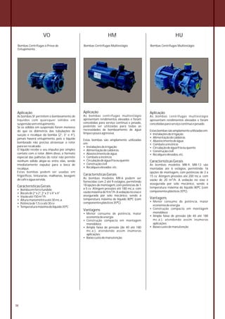 VO
Bombas Centrífugas à Prova de
Entupimento
Aplicação
As bombas SF permitem o bombeamento de
líquidos com quaisquer sólidos em
suspensãosementupimento.
Se os sólidos em suspensão forem menores
do que os diâmetros das tubulações de
sucção e recalque da bomba (2”, 3” e 4”),
jamais haverá entupimento, pois o líquido
bombeado não precisa atravessar o rotor
paraserrecalcado.
O líquido recebe o seu impulso por simples
contato com o rotor. Além disso, o formato
especial das palhetas do rotor não permite
nenhum sólido alojar-se entre elas, sendo
imediatamente expulso para a boca de
recalque.
Estas bombas podem ser usadas em
frigoríficos, tinturarias, malharias, lavagem
decaféeáguaservida.
CaracterísticasGerais
• Bombaemferrofundido
• Bocaisde2”x2”,3”x3”e4”x4”
3
• Vazãoaté150m /h
• Alturamanométricaaté30mc.a.
• Potênciade1,5cvaté30cv
• Temperaturamáximadolíquido35ºC
Bombas Centrífugas Multiestágio
Aplicação
As bombas centrífugas multiestágio
apresentam rendimentos elevados e foram
concebidasparaserviçocontínuoepesado.
Estasbombassãoamplamenteutilizadasem:
• Instalaçõesdeirrigação
• Alimentaçãodecaldeiras
• Abastecimentodeágua
• Combateaincêncio
• Circulaçãodeáguafriaouquente
• Construçãocivil
• Recalqueselevados,etc.
CaracterísticasGerais
As bombas modelos MR-9, MR-13 são
montadas até 6 estágios, permitindo 16
opções de montagem, com potências de 3 a
15 cv. Atingem pressões até 200 mc.a. com
3vazão de 20 m /h. A vedação no eixo é
assegurada por selo mecânico, sendo a
temperatura máxima do líquido 80ºC (com
componentesplásticos35ºC).
Vantagens
• Menor consumo de potência, maior
economiadeenergia
• Construção compacta em montagem
monobloco
• Ampla faixa de pressão (de 40 até 180
mc.a.), atendendo assim inúmeras
aplicações
• Baixocustodemanutenção
Bombas Centrífugas Multiestágio
Aplicação
As bombas centrífugas multiestágio
apresentam rendimentos elevados e foram
concebidas para serviço contínuo e pesado,
podendo ser utilizadas para todas as
necessidades de bombeamento de água
limpaepoucoagressiva.
Estas bombas são amplamente utilizadas
em:
• Instalaçõesdeirrigação
• Alimentaçãodecaldeiras
• Abastecimentodeágua
• Combateaincêncio
• Circulaçãodeáguafriaouquente
• Construçãocivil
• Recalqueselevados etc.
CaracterísticasGerais
As bombas modelos MR-6 podem ser
fornecidas com 2 até 9 estágios, permitindo
18 opções de montagem,com potências de 1
a 5 cv. Atingem pressões até 180 mc.a. com
3vazãomáximade9m /h.Avedaçãonoeixoé
assegurada por selo mecânico, sendo a
temperatura máxima do líquido 80ºC (com
componentesplásticos35ºC).
Vantagens
• Menor consumo de potência, maior
economiadeenergia
• Construção compacta em montagem
monobloco
• Ampla faixa de pressão (de 40 até 180
mc.a.), atendendo assim inúmeras
aplicações.
• Baixocustodemanutenção.
HM HU
34
 