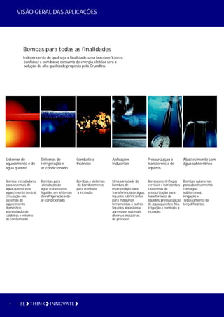 4 BE THINK INNOVATE
Bombas para todas as finalidades
Independente de qual seja a finalidade, uma bomba eficiente,
confiável e com baixo consumo de energia elétrica será a
solução de alta qualidade proposta pela Grundfos.
VISÃO GERAL DAS APLICAÇÕES
Sistemas de
aquecimento e de
água quente
Bombas circuladoras
para sistemas de
água quente e de
aquecimento central,
circulação em
sistemas de
aquecimento
doméstico,
alimentação de
caldeiras e retorno
de condensado.
Sistemas de
refrigeração e
ar-condicionado
Bombas para
circulação de
água fria e outros
líquidos em sistemas
de refrigeração e de
ar-condicionado.
Aplicações
Industriais
Uma variedade de
bombas de
multiestágio para
transferência de água,
líquidos lubrificantes
para máquinas
ferramentas e outros
líquidos abrasivos e
agressivos nas mais
diversas indústrias
de processo.
Pressurização e
transferência de
líquidos
Bombas centrífugas
verticais e horizontais
e sistemas de
pressurização para
transferência de
líquidos, pressurização
de água quente e fria,
irrigação e combate a
incêndio.
Abastecimento com
água subterrânea
Bombas submersas
para abastecimento
com àgua
subterrânea,
irrigação e
rebaixamento de
lençol freático.
Combate a
Incêndio
Bombas e sistemas
de bombeamento
para combate
à incêndio.
 