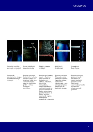 5
Sistemas movidos
a energia renovável
Fornecimento de
água doméstica
Sistemas de
abastecimento de água
buscados em energia
renovável.
Bombas submersas,
horizontais e verticais,
sistemas compactos
de pressurização para
fornecimento de
água em residências,
jardins e outras
aplicações
domésticas.
Esgotos e águas
residuais
Bombas de drenagem
esgoto e efluentes
para uma série de
aplicações em
edifícios, industriais,
agitadores,
misturadores,
alradores e todos os
materiais necessários
para o tratamento de
esgoto, assim como,
para transferência de
esgoto bruto em
sistemas de esgotos
municipais e
estações de tratamento.
Aplicações
Ambientais
Bombas submersas
feitas sob medida
para bombeamento
reparador de água
subterrânea
contaminada e para
coleta de amostras
para análise da
qualidade da água.
Dosagem e
Desinfecção
Bombas dosadoras
para sistemas de
tratamento de
esgoto, piscinas e
para a indústria.
Sistemas de
desinfecção ,unidades
de controle e
preparadores de
polímero.
GRUNDFOS
 