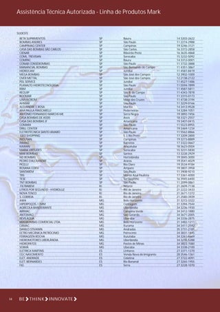 14 3203-2622
11 2274-2988
19 3246-3121
16 3372-2858
16 3635-4868
15 3232-5092
14 3312-0001
11 3732-3888
11 4351-3867
11 4587-8419
12 3902-1000
12 2138-2122
11 4527-1486
11 5594-7899
11 4587-5811
11 4343-7878
11 3315-0173
11 4738-3194
11 3229-0166
14 3413-9528
14 3284-1051
19 3892-7456
18 3321-2557
19 3407-0415
11 5523-8955
19 3469-1234
11 5562-8866
17 3209-2800
19 3273-8889
17 3322-0667
18 3623-0504
15 3231-5830
13 3228-2929
19 3845-3000
19 3541-4029
19 3534-9184
19 3807-3958
11 3908-9210
17 3361-4000
16 3945-6400
11 2099-0861
21 2609-7138
21 2222-3433
21 2671-1372
21 2580-3939
31 3272-3322
31 3394-7544
34 3236-1930
34 3412-1880
34 3671-2005
34 3336-2875
31 3482-1211
34 3411-2592
35 3731-2181
34 3831-1445
34 3261-6669
34 3238-5288
34 3823-7080
34 3338-2100
27 3371-1370
28 3546-1361
27 3722-4091
27 3265-1955
27 3228-1070
BETA SUPRIMENTOS
BOMBAS ANDRES
CAMPIMAQ CENTER
CASA DAS BOMBAS SÃO CARLOS
CIENAR
COML. TREVISAN
COMPAC
CONAB CONSEBOMBAS
MANANCIAL BOMBAS
HIDROCAM
MEGA BOMBAS
OVER METTAL
PDL SERVICE
PLANALTO HIDROTECNOLOGIA
RBM
REQUIP
ROOMAR
UNIMATROM
AHMAR
ALEXANDRE E ROSA
ANA PAULA FRASCARELLI
ANTÔNIO FERNANDO MARCHI-ME
CASA BOMBAS DE ASSIS
CASA DAS BOMBAS JF
COMARX
DRILL CENTER
ELETROTÉCNICA SANTO AMARO
GEO SHOPPING
INDUSAN
INMAG
KAWAN
MARIA VIRTUDES
MAR BOMBAS
ND BOMBAS
PEDRO D’ALEXANDRE
PICELLI
ROSANA CORSI
SANTARÉM
TBS
TESE
TNT BOMBAS
FILTRABEM
LITROS POR SEGUNDO - HYDROLUZ
NOVA TENCO
S. CORREIA
AWA
HIPERPOÇOS / CMM
AGRÍCOLA BANDEIRANTE
AIRMAC
ANTOMAQ
BEVILÁQUA
BRASBOMBAS COMERCIAL LTDA.
CAMAC
DANILO STIVANIN
EETRO MECÂNICA PATROCINIO
FERRAGISTA ROCHA
HIDROMOTORES UBERLÂNDIA
HIDROPATOS
SOIMÃ
ELÉTRICA MARTINS
CGC NASCIMENTO
ELÉT. ANDRADE
ELÉT. BERNARDES
FIG
Bauru
São Paulo
Campinas
São Carlos
Ribeirão Preto
Sorocaba
Bauru
São Paulo
São Bernando do Campo
Jundiaí
São José dos Campos
São José dos Campos
Jundiaí
São Paulo
Jundiaí
São B. do Campo
São Paulo
Mogi das Cruzes
São Paulo
Marília
Pederneiras
Serra Negra
Assis
Americana
São Paulo
Americana
São Paulo
S. J. Rio Preto
Campinas
Barretos
Araçatuba
Sorocaba
Santos
Hortolândia
Araras
Rio Claro
Amparo
São Paulo
Monte Azul Paulista
Sertãozinho
São Paulo
Niterói
Rio de Janeiro
Rio de Janeiro
Rio de Janeiro
Belo Horizonte
Contagem
Uberlândia
Campina Verde
São Gotardo
Uberaba
Belo Horizonte
Iturama
Andradas
Patrocinio
Ituiutaba
Uberlândia
Pastos de Minas
Uberaba
Linhares
Venda Nova do Imigrante
Colatina
Rio Bananal
Serra
SP
SP
SP
SP
SP
SP
SP
SP
SP
SP
SP
SP
SP
SP
SP
SP
SP
SP
SP
SP
SP
SP
SP
SP
SP
SP
SP
SP
SP
SP
SP
SP
SP
SP
SP
SP
SP
SP
SP
SP
SP
RJ
RJ
RJ
RJ
MG
MG
MG
MG
MG
MG
MG
MG
MG
MG
MG
MG
MG
MG
ES
ES
ES
ES
ES
SUDESTE
Assistência Técnica Autorizada - Linha de Produtos Mark
54 BE THINK INNOVATE
 