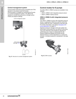 Control
of
E-pumps
CR-H, CRN-H, CRE-H, CRNE-H
8
24
Central management system
Communication with the E-pump is possible even if the
operator is not present near the E-pump.
Communication is enabled by connecting the E-pump
to a central management system. This allows the
operator to monitor the pump and to change control
modes and setpoint settings.
Fig. 21 Structure of a central management system
Control modes for E-pumps
Grundfos CRE-H, CRNE-H pumps are available in two
variants:
• CRE-H, CRNE-H with integrated pressure sensor
• CRE-H, CRNE-H without sensor.
CRE-H, CRNE-H with integrated pressure
sensor
Use CRE-H, CRNE-H pumps with integrated pressure
sensor in applications where you want to control the
pressure after the pump, irrespective of the flow rate.
For further information, see section Examples of E-
pump applications on page 22.
Signals of pressure changes in the pipe system are
transmitted continuously from the sensor to the pump.
The pump responds to the signals by adjusting its
performance up or down to compensate for the
pressure difference between the actual and the
desired pressure. As this adjustment is a continuous
process, a constant pressure is maintained in the pipe
system.
Fig. 22 CRE-H pumps
TM04
5022
1111
E-pump
CIM modules
(See page 140)
Control management system
TM04
4177
0909
 