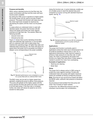Advanced
use
of
MLE
motors
CR-H, CRN-H, CRE-H, CRNE-H
9
32
Purpose and benefits
When using a standard pump at a low flow rate, the
power consumption will drop and the motor will have
excess power available.
By setting the CRE pump to operate at a higher speed,
the excess power can be used to provide a higher
pressure. The power limit function will make sure that
the motor load never exceeds its maximum by
decreasing the speed until the motor is at its power
limit.
In cases where an undersized motor is used with
standard speed, the power limit function will still
reduce the speed and protect the motor against
overload at a high flow rate. The solution offers the
following benefits:
• reduced motor size
• reduced pump size
Figure 37 shows that a pump operating at low flow
rates and relatively high pressures (1) can be fitted
with an undersize motor with a rated power that
matches this operating range. At higher flow rates and
relatively lower pressures (2), the motor will reduce its
speed when the power limit is exceeded and follow a
steeper curve corresponding to the power available.
Fig. 37 Standard performance curve compared to a curve
for a pump fitted with an undersize MLE motor.
The MLE motor can be set to a higher speed than
standard, enabling the pump to deliver more pressure.
The pump will operate at this higher speed until the
pump reaches the flow rate where the motor is loaded
to its full rated power. If the flow rate is increased
further, the motor will reduce its speed so as not to
exceed its rated power.
Using this function can, in some instances, enable use
of a smaller pump to reach the desired duty point
compared to a pump running with standard maximum
speed, see fig. 38.
Fig. 38 Standard performance curve (60 Hz) compared to
a performance curve for a pump running at
maximum speed.
Applications
The power limit function is primarily used in
applications where the motor size is dimensioned to be
as small as possible to reduce size or cost. Or in
applications demanding a high maximum speed to
achieve a high pressure at a low flow rate. In both
cases, the motor is protected by the power limit
function at a higher flow rate where a lower speed is
needed to prevent the motor from overloading.
Examples of application:
• Washing and clearing
• Boiler feed
Setup
The power limit is always active in CRE pumps to
protect the motor against overload. Pumps with
undersized motor and pumps with higher maximum
speed are available as factory-configured products.
Note: Running at over-synchronous speed will affect
the NPSH value, sufficient inlet pressure is therefore
required.
Sound pressure level emitted from the pump and
motor may increase at higher speeds.
Furthermore, the differential pressure over the
chambers must be taken into consideration.
TM05
2359
4911
H
P2
Q
----------- Reduced motor
Standard motor
1 2
TM05
3314
5111
H
P2
Q
----------- Maximum speed
Standard
 