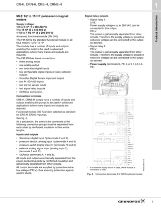 Product
introduction
CR-H, CRN-H, CRE-H, CRNE-H
1
7
MLE 1/2 to 15 HP permanent-magnet
motors
Supply voltage:
1/2 to 2 HP (1 x 200-240 V)
1 to 15 HP (3 x 440-480 V)
1 1/2 to 7 1/2 HP (3 x 200-240 V)
Advanced functional module (FM 300)
The FM 300 is the standard functional module in all
MLE motors 1/2 to 15 HP.
The module has a number of inputs and outputs
enabling the motor to be used in advanced
applications where many inputs and outputs are
required.
The FM 300 has these connections:
• three analog inputs
• one analog output
• two dedicated digital inputs
• two configurable digital inputs or open-collector
outputs
• Grundfos Digital Sensor input and output
• two Pt100/1000 inputs
• two LiqTec sensor inputs
• two signal relay outputs
• GENIbus connection.
Connection terminals
CRE-H, CRNE-H pumps have a number of inputs and
outputs enabling the pumps to be used in advanced
applications where many inputs and outputs are
required.
Functional module 300 has been selected as standard
for CRE-H, CRNE-H pumps.
See fig. 4.
As a precaution, the wires to be connected to the
following connection groups must be separated from
each other by reinforced insulation in their entire
lengths.
Inputs and outputs
• Start/stop (digital input 1) (terminals 2 and 6)
• pressure sensor (analog input 1) (terminals 4 and 8)
• pressure switch (digital input 3) (terminals 10 and 6)
• external analog signal input (analog input 2)
(terminals 7 and 23)
• GENIbus (terminals A, Y and B).
All inputs and outputs are internally separated from the
power-conducting parts by reinforced insulation and
galvanically separated from other circuits.
All control terminals are supplied by protective extra-
low voltage (PELV), thus ensuring protection against
electric shock.
Signal relay outputs
– Signal relay 1:
LIVE:
Power supply voltages up to 250 VAC can be
connected to this output.
PELV:
The output is galvanically separated from other
circuits. Therefore, the supply voltage or proactive
extra-low voltage can be connected to the output
as desired.
– Signal relay 2:
PELV:
The output is galvanically separated from other
circuits. Therefore, the supply voltage or proactive
extra-low voltage can be connected to the output
as desired.
– Power supply (terminals N, PE, L or L1, L2, L3,
PE)
Fig. 4 Connection terminals, FM 300 functional module
TM05
3509
3512
3
15
8
26
23
25
24
7
21
20
22
B
Y
6
5
2
4
10
A
+24 V*
1
14
9
12
17
19
11
18
+24 V* +
+24 V*
OC DI
+24 V*/5 V*
+24 V* +
+ +
+24 V*/5 V*
+24 V*
+24 V* + +
+24 V*/5 V*
+24 V*
+5 V* AI2
GDS RX
GDS TX
GND
GENIbus A
GENIbus B
+5 V
+24 V
+24 V
GND
GENIbus Y
GND
+5 V
DI1
AI1
DI3/OC1
LiqTec
AI3
GND
DI2
LiqTec
GND
AO
Pt100/1000
Pt100/1000
DI4/OC2
GND
+24 V*
OC DI
GND
NC
C2
NO
NC
C1
NO
+5 V*
* If an external supply source is used, t here must be a
connection to GND.
 