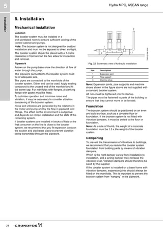 Installation
24
Hydro MPC, ASEAN range
5
5. Installation
Mechanical installation
Location
The booster system must be installed in a
well-ventilated room to ensure sufficient cooling of the
control cabinet and pumps.
Note: The booster system is not designed for outdoor
installation and must not be exposed to direct sunlight.
The booster system should be placed with a 1-metre
clearance in front and on the two sides for inspection
and removal.
Pipework
Arrows on the pump base show the direction of flow of
water through the pump.
The pipework connected to the booster system must
be of adequate size.
The pipes are connected to the manifolds of the
booster system. Either end can be used. Apply sealing
compound to the unused end of the manifold and fit
the screw cap. For manifolds with flanges, a blanking
flange with gasket must be fitted.
To optimise operation and minimise noise and
vibration, it may be necessary to consider vibration
dampening of the booster system.
Noise and vibration are generated by the rotations in
the motor and pump and by the flow in pipework and
fittings. The effect on the environment is subjective
and depends on correct installation and the state of the
remaining system.
If booster systems are installed in blocks of flats or the
first consumer on the line is close to the booster
system, we recommend that you fit expansion joints on
the suction and discharge pipes to prevent vibration
being transmitted through the pipework.
Fig. 32 Schematic view of hydraulic installation
Note: Expansion joints, pipe supports and machine
shoes shown in the figure above are not supplied with
a standard booster system.
All nuts must be tightened prior to startup.
The pipes must be fastened to parts of the building to
ensure that they cannot move or be twisted.
Foundation
The booster system should be positioned on an even
and solid surface, such as a concrete floor or
foundation. If the booster system is not fitted with
vibration dampers, it must be bolted to the floor or
foundation.
Note: As a rule of thumb, the weight of a concrete
foundation must be 1.5 x the weight of the booster
system.
Dampening
To prevent the transmission of vibrations to buildings,
we recommend that you isolate the booster system
foundation from building parts by means of vibration
dampers.
Which is the right damper varies from installation to
installation, and a wrong damper may increase the
vibration level. Vibration dampers should therefore be
sized by the supplier.
If the booster system is installed on a base frame with
vibration dampers, expansion joints should always be
fitted on the manifolds. This is important to prevent the
booster system from hanging in the pipework.
TM03
2154
3805
Pos. Description
1 Expansion joint
2 Pipe support
3 Machine shoe
2
1
1
3 3
2
 