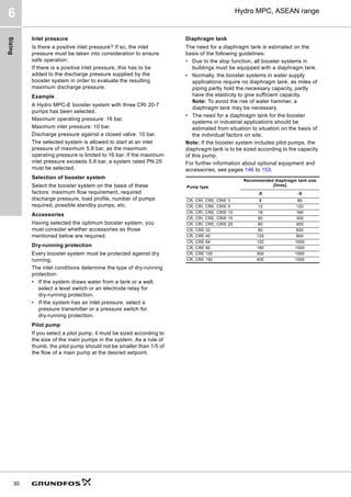 Sizing
30
Hydro MPC, ASEAN range
6
Inlet pressure
Is there a positive inlet pressure? If so, the inlet
pressure must be taken into consideration to ensure
safe operation.
If there is a positive inlet pressure, this has to be
added to the discharge pressure supplied by the
booster system in order to evaluate the resulting
maximum discharge pressure.
Example
A Hydro MPC-E booster system with three CRI 20-7
pumps has been selected.
Maximum operating pressure: 16 bar.
Maximum inlet pressure: 10 bar.
Discharge pressure against a closed valve: 10 bar.
The selected system is allowed to start at an inlet
pressure of maximum 5.8 bar, as the maximum
operating pressure is limited to 16 bar. If the maximum
inlet pressure exceeds 5.8 bar, a system rated PN 25
must be selected.
Selection of booster system
Select the booster system on the basis of these
factors: maximum flow requirement, required
discharge pressure, load profile, number of pumps
required, possible standby pumps, etc.
Accessories
Having selected the optimum booster system, you
must consider whether accessories as those
mentioned below are required.
Dry-running protection
Every booster system must be protected against dry
running.
The inlet conditions determine the type of dry-running
protection:
• If the system draws water from a tank or a well,
select a level switch or an electrode relay for
dry-running protection.
• If the system has an inlet pressure, select a
pressure transmitter or a pressure switch for
dry-running protection.
Pilot pump
If you select a pilot pump, it must be sized according to
the size of the main pumps in the system. As a rule of
thumb, the pilot pump should not be smaller than 1/5 of
the flow of a main pump at the desired setpoint.
Diaphragm tank
The need for a diaphragm tank is estimated on the
basis of the following guidelines:
• Due to the stop function, all booster systems in
buildings must be equipped with a diaphragm tank.
• Normally, the booster systems in water supply
applications require no diaphragm tank, as miles of
piping partly hold the necessary capacity, partly
have the elasticity to give sufficient capacity.
Note: To avoid the risk of water hammer, a
diaphragm tank may be necessary.
• The need for a diaphragm tank for the booster
systems in industrial applications should be
estimated from situation to situation on the basis of
the individual factors on site.
Note: If the booster system includes pilot pumps, the
diaphragm tank is to be sized according to the capacity
of this pump.
For further information about optional equipment and
accessories, see pages 146 to 153.
Pump type
Recommended diaphragm tank size
[litres]
-E -S
CR, CRI, CRE, CRIE 3 8 80
CR, CRI, CRE, CRIE 5 12 120
CR, CRI, CRE, CRIE 10 18 180
CR, CRI, CRE, CRIE 15 80 300
CR, CRI, CRE, CRIE 20 80 400
CR, CRE 32 80 600
CR, CRE 45 120 800
CR, CRE 64 120 1000
CR, CRE 90 180 1500
CR, CRE 120 300 1500
CR, CRE 150 400 1500
 