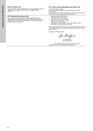 Declaração
de
conformidade
10
KO: EC 적합성 선언
Grundfos 에서는 자사의 단독 책임에 따라 이 선언과 관련된 Hydro Multi-S
제품이 EC 회원국 법률에 기반한 다음 이사회 지침을 준수함을
선언합니다 :
TH: คําประกาศความสอดคลองตามมาตรฐาน EC
เราในนามของบริษัท Grundfos
ขอประกาศภายใตความรับผิดชอบของเราแตเพียงผูเดียววาผลิตภัณฑ
Hydro Multi-S
ซึ่งเกี่ยวของกับคําประกาศนี้มีความสอดคลองกับระเบียบคําสั่งเหลานี้ของสภาวิชา
ชีพวาดวยคาประมาณตามกฎหมายของรัฐที่เปนสมาชิก EC:
MY: Perisytiharan keakuran EC
Kami, Grundfos, mengisytiharkan di bawah tanggungjawab kami
semata-mata bahawa produk Hydro Multi-S, yang berkaitan dengan
perisytiharan ini, akur dengan perintah Majlis ini tentang penghampiran
undang-undang negara ahli EC:
— Machinery Directive (2006/42/EC).
Standards used: EN 809: 1998.
— Low Voltage Directive (2006/95/EC).
Standard used: EN 60439-1: 2002.
— EMC Directive (2004/108/EC).
Standards used: EN 61000-6-1: 2007, EN 61000-6-2: 2005,
EN 61000-6-3: 2007, EN 61000-6-4: 2007.
This EC declaration of conformity is only valid when published as part of
the Grundfos installation and operating instructions (publication number
96777573 0814).
Bjerringbro, 15th August 2014
Jan Strandgaard
Technical Director
Person authorised to compile the technical file and
empowered to sign the EC declaration of conformity.
 