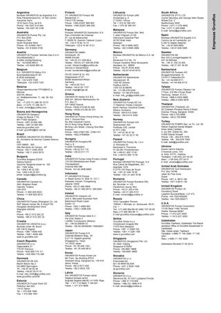 Empresas
Grundfos
Argentina
Bombas GRUNDFOS de Argentina S.A.
Ruta Panamericana km. 37.500 Centro
Industrial Garin
1619 Garín Pcia. de B.A.
Phone: +54-3327 414 444
Telefax: +54-3327 45 3190
Australia
GRUNDFOS Pumps Pty. Ltd.
P.O. Box 2040
Regency Park
South Australia 5942
Phone: +61-8-8461-4611
Telefax: +61-8-8340 0155
Austria
GRUNDFOS Pumpen Vertrieb Ges.m.b.H.
Grundfosstraße 2
A-5082 Grödig/Salzburg
Tel.: +43-6246-883-0
Telefax: +43-6246-883-30
Belgium
N.V. GRUNDFOS Bellux S.A.
Boomsesteenweg 81-83
B-2630 Aartselaar
Tél.: +32-3-870 7300
Télécopie: +32-3-870 7301
Belarus
Представительство ГРУНДФОС в
Минске
220125, Минск
ул. Шафарнянская, 11, оф. 56, БЦ
«Порт»
Тел.: +7 (375 17) 286 39 72/73
Факс: +7 (375 17) 286 39 71
E-mail: minsk@grundfos.com
Bosna and Herzegovina
GRUNDFOS Sarajevo
Zmaja od Bosne 7-7A,
BH-71000 Sarajevo
Phone: +387 33 592 480
Telefax: +387 33 590 465
www.ba.grundfos.com
e-mail: grundfos@bih.net.ba
Brazil
BOMBAS GRUNDFOS DO BRASIL
Av. Humberto de Alencar Castelo Branco,
630
CEP 09850 - 300
São Bernardo do Campo - SP
Phone: +55-11 4393 5533
Telefax: +55-11 4343 5015
Bulgaria
Grundfos Bulgaria EOOD
Slatina District
Iztochna Tangenta street no. 100
BG - 1592 Sofia
Tel. +359 2 49 22 200
Fax. +359 2 49 22 201
email: bulgaria@grundfos.bg
Canada
GRUNDFOS Canada Inc.
2941 Brighton Road
Oakville, Ontario
L6H 6C9
Phone: +1-905 829 9533
Telefax: +1-905 829 9512
China
GRUNDFOS Pumps (Shanghai) Co. Ltd.
50/F Maxdo Center No. 8 XingYi Rd.
Hongqiao development Zone
Shanghai 200336
PRC
Phone: +86 21 612 252 22
Telefax: +86 21 612 253 33
Croatia
GRUNDFOS CROATIA d.o.o.
Buzinski prilaz 38, Buzin
HR-10010 Zagreb
Phone: +385 1 6595 400
Telefax: +385 1 6595 499
www.hr.grundfos.com
Czech Republic
GRUNDFOS s.r.o.
Čajkovského 21
779 00 Olomouc
Phone: +420-585-716 111
Telefax: +420-585-716 299
Denmark
GRUNDFOS DK A/S
Martin Bachs Vej 3
DK-8850 Bjerringbro
Tlf.: +45-87 50 50 50
Telefax: +45-87 50 51 51
E-mail: info_GDK@grundfos.com
www.grundfos.com/DK
Estonia
GRUNDFOS Pumps Eesti OÜ
Peterburi tee 92G
11415 Tallinn
Tel: + 372 606 1690
Fax: + 372 606 1691
Finland
OY GRUNDFOS Pumput AB
Mestarintie 11
FIN-01730 Vantaa
Phone: +358-(0)207 889 900
Telefax: +358-(0)207 889 550
France
Pompes GRUNDFOS Distribution S.A.
Parc d’Activités de Chesnes
57, rue de Malacombe
F-38290 St. Quentin Fallavier (Lyon)
Tél.: +33-4 74 82 15 15
Télécopie: +33-4 74 94 10 51
Germany
GRUNDFOS GMBH
Schlüterstr. 33
40699 Erkrath
Tel.: +49-(0) 211 929 69-0
Telefax: +49-(0) 211 929 69-3799
e-mail: infoservice@grundfos.de
Service in Deutschland:
e-mail: kundendienst@grundfos.de
HILGE GmbH & Co. KG
Hilgestrasse 37-47
55292 Bodenheim/Rhein
Germany
Tel.: +49 6135 75-0
Telefax: +49 6135 1737
e-mail: hilge@hilge.de
Greece
GRUNDFOS Hellas A.E.B.E.
20th km. Athinon-Markopoulou Av.
P.O. Box 71
GR-19002 Peania
Phone: +0030-210-66 83 400
Telefax: +0030-210-66 46 273
Hong Kong
GRUNDFOS Pumps (Hong Kong) Ltd.
Unit 1, Ground floor
Siu Wai Industrial Centre
29-33 Wing Hong Street &
68 King Lam Street, Cheung Sha Wan
Kowloon
Phone: +852-27861706 / 27861741
Telefax: +852-27858664
Hungary
GRUNDFOS Hungária Kft.
Park u. 8
H-2045 Törökbálint,
Phone: +36-23 511 110
Telefax: +36-23 511 111
India
GRUNDFOS Pumps India Private Limited
118 Old Mahabalipuram Road
Thoraipakkam
Chennai 600 096
Phone: +91-44 2496 6800
Indonesia
PT GRUNDFOS Pompa
Jl. Rawa Sumur III, Blok III / CC-1
Kawasan Industri, Pulogadung
Jakarta 13930
Phone: +62-21-460 6909
Telefax: +62-21-460 6910 / 460 6901
Ireland
GRUNDFOS (Ireland) Ltd.
Unit A, Merrywell Business Park
Ballymount Road Lower
Dublin 12
Phone: +353-1-4089 800
Telefax: +353-1-4089 830
Italy
GRUNDFOS Pompe Italia S.r.l.
Via Gran Sasso 4
I-20060 Truccazzano (Milano)
Tel.: +39-02-95838112
Telefax: +39-02-95309290 / 95838461
Japan
GRUNDFOS Pumps K.K.
Gotanda Metalion Bldg., 5F,
5-21-15, Higashi-gotanda
Shiagawa-ku, Tokyo
141-0022 Japan
Phone: +81 35 448 1391
Telefax: +81 35 448 9619
Korea
GRUNDFOS Pumps Korea Ltd.
6th Floor, Aju Building 679-5
Yeoksam-dong, Kangnam-ku, 135-916
Seoul, Korea
Phone: +82-2-5317 600
Telefax: +82-2-5633 725
Latvia
SIA GRUNDFOS Pumps Latvia
Deglava biznesa centrs
Augusta Deglava ielā 60, LV-1035, Rīga,
Tālr.: + 371 714 9640, 7 149 641
Fakss: + 371 914 9646
Lithuania
GRUNDFOS Pumps UAB
Smolensko g. 6
LT-03201 Vilnius
Tel: + 370 52 395 430
Fax: + 370 52 395 431
Malaysia
GRUNDFOS Pumps Sdn. Bhd.
7 Jalan Peguam U1/25
Glenmarie Industrial Park
40150 Shah Alam
Selangor
Phone: +60-3-5569 2922
Telefax: +60-3-5569 2866
Mexico
Bombas GRUNDFOS de México S.A. de
C.V.
Boulevard TLC No. 15
Parque Industrial Stiva Aeropuerto
Apodaca, N.L. 66600
Phone: +52-81-8144 4000
Telefax: +52-81-8144 4010
Netherlands
GRUNDFOS Netherlands
Veluwezoom 35
1326 AE Almere
Postbus 22015
1302 CA ALMERE
Tel.: +31-88-478 6336
Telefax: +31-88-478 6332
E-mail: info_gnl@grundfos.com
New Zealand
GRUNDFOS Pumps NZ Ltd.
17 Beatrice Tinsley Crescent
North Harbour Industrial Estate
Albany, Auckland
Phone: +64-9-415 3240
Telefax: +64-9-415 3250
Norway
GRUNDFOS Pumper A/S
Strømsveien 344
Postboks 235, Leirdal
N-1011 Oslo
Tlf.: +47-22 90 47 00
Telefax: +47-22 32 21 50
Poland
GRUNDFOS Pompy Sp. z o.o.
ul. Klonowa 23
Baranowo k. Poznania
PL-62-081 Przeźmierowo
Tel: (+48-61) 650 13 00
Fax: (+48-61) 650 13 50
Portugal
Bombas GRUNDFOS Portugal, S.A.
Rua Calvet de Magalhães, 241
Apartado 1079
P-2770-153 Paço de Arcos
Tel.: +351-21-440 76 00
Telefax: +351-21-440 76 90
Romania
GRUNDFOS Pompe România SRL
Bd. Biruintei, nr 103
Pantelimon county Ilfov
Phone: +40 21 200 4100
Telefax: +40 21 200 4101
E-mail: romania@grundfos.ro
Russia
ООО Грундфос Россия
109544, г. Москва, ул. Школьная, 39-41,
стр. 1
Тел. (+7) 495 564-88-00 (495) 737-30-00
Факс (+7) 495 564 88 11
E-mail grundfos.moscow@grundfos.com
Serbia
Grundfos Srbija d.o.o.
Omladinskih brigada 90b
11070 Novi Beograd
Phone: +381 11 2258 740
Telefax: +381 11 2281 769
www.rs.grundfos.com
Singapore
GRUNDFOS (Singapore) Pte. Ltd.
25 Jalan Tukang
Singapore 619264
Phone: +65-6681 9688
Telefax: +65-6681 9689
Slovakia
GRUNDFOS s.r.o.
Prievozská 4D
821 09 BRATISLAVA
Phona: +421 2 5020 1426
sk.grundfos.com
Slovenia
GRUNDFOS d.o.o.
Šlandrova 8b, SI-1231 Ljubljana-Črnuče
Phone: +386 31 718 808
Telefax: +386 (0)1 5680 619
E-mail: slovenia@grundfos.si
South Africa
GRUNDFOS (PTY) LTD
Corner Mountjoy and George Allen Roads
Wilbart Ext. 2
Bedfordview 2008
Phone: (+27) 11 579 4800
Fax: (+27) 11 455 6066
E-mail: lsmart@grundfos.com
Spain
Bombas GRUNDFOS España S.A.
Camino de la Fuentecilla, s/n
E-28110 Algete (Madrid)
Tel.: +34-91-848 8800
Telefax: +34-91-628 0465
Sweden
GRUNDFOS AB
Box 333 (Lunnagårdsgatan 6)
431 24 Mölndal
Tel.: +46 31 332 23 000
Telefax: +46 31 331 94 60
Switzerland
GRUNDFOS Pumpen AG
Bruggacherstrasse 10
CH-8117 Fällanden/ZH
Tel.: +41-44-806 8111
Telefax: +41-44-806 8115
Taiwan
GRUNDFOS Pumps (Taiwan) Ltd.
7 Floor, 219 Min-Chuan Road
Taichung, Taiwan, R.O.C.
Phone: +886-4-2305 0868
Telefax: +886-4-2305 0878
Thailand
GRUNDFOS (Thailand) Ltd.
92 Chaloem Phrakiat Rama 9 Road,
Dokmai, Pravej, Bangkok 10250
Phone: +66-2-725 8999
Telefax: +66-2-725 8998
Turkey
GRUNDFOS POMPA San. ve Tic. Ltd. Sti.
Gebze Organize Sanayi Bölgesi
Ihsan dede Caddesi,
2. yol 200. Sokak No. 204
41490 Gebze/ Kocaeli
Phone: +90 - 262-679 7979
Telefax: +90 - 262-679 7905
E-mail: satis@grundfos.com
Ukraine
Бізнес Центр Європа
Столичне шосе, 103
м. Київ, 03131, Україна
Телефон: (+38 044) 237 04 00
Факс.: (+38 044) 237 04 01
E-mail: ukraine@grundfos.com
United Arab Emirates
GRUNDFOS Gulf Distribution
P.O. Box 16768
Jebel Ali Free Zone
Dubai
Phone: +971 4 8815 166
Telefax: +971 4 8815 136
United Kingdom
GRUNDFOS Pumps Ltd.
Grovebury Road
Leighton Buzzard/Beds. LU7 4TL
Phone: +44-1525-850000
Telefax: +44-1525-850011
U.S.A.
GRUNDFOS Pumps Corporation
17100 West 118th Terrace
Olathe, Kansas 66061
Phone: +1-913-227-3400
Telefax: +1-913-227-3500
Uzbekistan
Grundfos Tashkent, Uzbekistan The Repre-
sentative Office of Grundfos Kazakhstan in
Uzbekistan
38a, Oybek street, Tashkent
Телефон: (+998) 71 150 3290 / 71 150
3291
Факс: (+998) 71 150 3292
Addresses Revised 21.05.2014
 