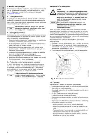 Português
(PT)
6
9. Modos de operação
O modo de operação de cada bomba pode ser seleccionado atra-
vés de botões específicos para "Operação automática", "Para-
gem" e "Operação manual", conforme descrito na secção
7. Painel de controlo.
9.1 Operação manual
A operação manual é geralmente utilizada durante a colocação
ao serviço, os testes ou para fins de manutenção e assistência.
Para activar a operação manual, pressionado durante alguns ins-
tantes o botão de operação manual.
9.2 Operação automática
Ao seleccionar este modo de operação, as bombas operam auto-
maticamente segundo os requisitos do sistema, por ex. as pres-
sões configuradas nos pressostátos.
• Quando uma torneira é aberta, a água irá sair do depósito de
membrana, se instalado, até este estar vazio.
• Quando a pressão desce até à primeira pressão de arranque,
dá-se o arranque da primeira bomba.
• Se o consumo continuar a aumentar, mais bombas serão
accionadas até o rendimento das bombas em operação cor-
responder aos requisitos.
• Quando o consumo de água diminui, a pressão de descarga
aumenta até à primeira pressão de paragem,
dando-se a paragem do pressostáto e de uma bomba.
• Se o consumo continuar a diminuir, mais bombas irão sair de
funcionamento até a última bomba parar.
9.3 Protecção contra funcionamento em seco
O Hydro Multi-S inclui uma protecção contra o funcionamento
em seco para impedir o funcionamento em seco das bombas.
A protecção contra o funcionamento em seco é activada por
um pressóstato ou um interruptor de nível ligado no lado da
aspiração e, em seguida, ao armário de controlo.
9.4 Operação de emergência
Todas as funções do Hydro Multi-S são controladas por uma
placa de circuitos electrónica no interior do armário de controlo.
Caso a placa de circuitos avarie, é possível evitar a paragem do
sistema. Para os sistemas de pressurização trifásicos, é possível
ignorar a placa de circuitos e utilizar o sistema de pressurização
somente através dos pressóstatos.
Para estabelecer a operação de emergência, proceda da
seguinte forma:
1. Desligue a fonte de alimentação e abra o armário de controlo.
2. Remova o conector de controlo da respectiva posição origi-
nal, consulte a fig. 5, pos. A, e insira o conector na posição de
emergência, consulte a fig. 5, pos. B.
3. Feche o armário de controlo e ligue a fonte de alimentação.
Fig. 5 Placa de circuitos electrónica
10. Funções
O Hydro Multi-S oferece os seguintes componentes:
• Controlo automático do efeito em sequência de bombas atra-
vés de dois ou três pressóstatos.
• Comutação automática da bomba em qualquer ciclo de arran-
que/paragem.
• Se uma bomba estiver em estado de avaria,
é automaticamente retirada de operação.
• Reposição automática do estado de avaria de funcionamento
em seco.
• Reposição manual de estado de disparo devido a sobrecarga.
• Protecção da bomba e do sistema:
– Protecção contra curto-circuito através de fusíveis.
– Protecção do motor através de um relé de sobrecarga tér-
mica.
– Protecção contra o funcionamento em seco através de um
pressóstato ou interruptor de nível adicional.
– Atraso no arranque entre duas bombas: Evita o arranque
simultâneo de mais de uma bomba.
Nota
O botão para a operação manual não tem uma
posição fixa. Como tal, mantenha o botão pres-
sionado durante o ciclo de teste.
Nota
Cada pressóstato diz respeito a apenas uma
bomba e não necessariamente à mesma bomba
quando as bombas alternam após cada ciclo.
Aviso
Os terminais e os cabos ligados antes do inter-
ruptor geral permanecerão sob tensão mesmo se
o interruptor estiver na posição Off (desligado).
Atenção
Este modo de operação só deve ser usado em
caso de emergência e apenas durante curtos
períodos de tempo.
Uma placa de circuitos danificada deve ser
sempre substituída por uma nova. Para obter
uma nova placa de circuitos,
contacte a Grundfos.
TM03
9725
4407
A
B
 