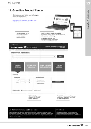 Grundfos
Product
Center
109
SE, SL pumps
13
13. Grundfos Product Center
All the information you need in one place Downloads
Performance curves, technical specifications, pictures, dimensional drawings, motor
curves, wiring diagrams, spare parts, service kits, 3D drawings, documents, system parts.
The Product Center displays any recent and saved items - including complete projects -
right on the main page.
On the product pages, you can download
installation and operating instructions, data
booklets, service instructions, etc. in PDF format.
SIZING enables you to
size a pump based on
entered data and
selection choices.
Online search and sizing tool to help you
make the right choice.
http://product-selection.grundfos.com
REPLACEMENT enables you to find a
replacement product. Search results will include
information on the following:
• the lowest purchase price
• the lowest energy consumption
• the lowest total life cycle cost.
CATALOGUE gives you
access to the Grundfos
product catalogue.
LIQUIDS enables you to find pumps
designed for aggressive, flammable
or other special liquids.
 