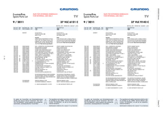 3-16
GRUNDIGServiceChassisTF
Ersatzteilliste
Spare Parts List
37 VLC 6121 C
TV
BESTELL-NR. / ORDER NO.: GBJ4237 (JYD)
ǵ
9 / 2011
POS. NR. ABB. MATERIAL-NR. ANZ. BEZEICHNUNG DESCRIPTION
POS. NO. FIG. PART NUMBER QTY. d ©
NUR FÜR INTERNEN GEBRAUCH
FOR INTERNAL USE ONLY
Note:
If your "Product Code" or display variant is
notmentionedinthesparepartslist,please
look for a current version at the GRUNDIG
serviceportal"http://service.grundig.de".
Hinweis:
SollteindieserErsatzteillisteIhr"Product
Code" oder Ihre Display-Variante nicht
aufgeführt sein, finden Sie eine aktuali-
sierte Version auf dem GRUNDIG Ser-
vice-Portal"http://service.grundig.de".
GBJ4237 37 VLC 6121 C 37 VLC 6121 C
PRODUKTCODE JYD PRODUCT CODE JYD
KEIN E-TEIL NO SPARE PART
0001.000 759551563200 GEH.- VORDERTEIL SCHWARZ/SILBE FRONT CABINET BLACK/SILVER
0002.000 759551616700 RUECKWAND SCHWARZ BACK COVER BLACK
0005.000 759551539800 STANDFUSS SCHWARZ STAND FOOT BLACK
0006.000 759551572700 STAND FUSS ZWISCHENSTUECK STAND FOOT MIDDLEPART
0007.000 759551496800 KNOPF BEDIENUNG SCHWARZ KNOB CONTROL BLACK
0015.000 759551401200 LAUTSPRECHER 10/15W 8 OHM 150X LOUDSPEAKER 10/15W 8 OHM 150X4
0016.000 759550975700 HOCHTONLAUTSPRECHER 10 OHM / 1 TWEETER 10 OHM / 10 W
0019.000 759551511900 KABEL DISPLAY-LVDS 450MM KABEL DISPLAY-LVDS 450MM
0020.000 S 759551546100 LCD-DISPLAY LC370WUN-SCC1 LCD-DISPLAY LC370WUN-SCC1
0021.000 759551600300 INVERTERKABEL 400 MM INVERTER CABLE 400 MM
0022.000 S 759551350200 NETZKABEL 150 CM POWER CABLE 150 CM
0023.000 S 275990312400 LP-NETZTEILMODUL 223W TV PSU POWER BOARD 223W TV PSU
0025.000 S 275991148100 X LP-CHASSISMODUL TF (JYD) CHASSIS BOARD TF (JYD)
0027.000 720117144800 FERNBEDIENUNG TP3 REMOTE CONTROL TP3
0028.000 720117145300 FERNBEDIENUNG TP EASY SCHWARZ REMOTE CONTROL TP EASY BLACK
0030.000 759551558000 TASTSCHALTER KEY SWITCH
0032.000 759551544900 IR-EMPFAENGER TSOP35436TT IR-RECEIVER TSOP35436TT
0033.000 759551549100 LED-SMD 1206 BLAU 250MCD 3.3V LED-SMD 1206 BLUE 250MCD 3.3V
0090.000 759551563400 KARTON 37" VLC CARTON 37" VLC
0091.000 759551573300 KARTON UNTERTEIL VLC CARTON BOTTOM VLC
0092.000 759551563500 POLSTER OBEN CUSHION TOP
0093.000 759551563600 POLSTER UNTEN LINKS/RECHTS CUSHION BOTTOM LEFT/RIGHT
DIE BEDIENUNGSANLEITUNG KOENNEN THE INSTRUCTION MANUAL CAN BE
SIE IM INTERNET UNTER FOLGENDER DOWNLOADED FROM THE INTERNET
ADRESSE ABRUFEN: WWW.GRUNDIG.DE UNDER THE FOLLOWING ADDRESS:
MENU: DOWNLOADS WWW.GRUNDIG.DE MENU: DOWNLOADS
720100557000 SERVICE MANUAL D/GB SERVICE MANUAL D/GB
720108000001 SICHERHEITSMANUAL D/GB/E/F/I SAFETY SERVICE MANUAL D/GB/E/F/I
X = SIEHE GESONDERTE E-LISTE X = SEE SEPARATE PARTS LIST
ÄNDERUNGEN VORBEHALTEN / SUBJECT TO ALTERATION
( ! )
!
Es gelten die Vorschriften und Sicherheitshinweise
gemäß dem Service Manual "Sicherheit", Mat.-Num-
mer 720108000001, sowie zusätzlich die eventuell ab-
weichenden, landesspezifischen Vorschriften!
The regulations and safety instructions shall be valid
as provided by the "Safety" Service Manual, part
number 720108000001, as well as the respective
national deviations.
Ersatzteilliste
Spare Parts List
37 VLC 9142 C
TV
BESTELL-NR. / ORDER NO.: GBJ9037 (JZV)
ǵ
9 / 2011
POS. NR. ABB. MATERIAL-NR. ANZ. BEZEICHNUNG DESCRIPTION
POS. NO. FIG. PART NUMBER QTY. d ©
NUR FÜR INTERNEN GEBRAUCH
FOR INTERNAL USE ONLY
Note:
If your "Product Code" or display variant is
notmentionedinthesparepartslist,please
look for a current version at the GRUNDIG
serviceportal"http://service.grundig.de".
Hinweis:
SollteindieserErsatzteillisteIhr"Product
Code" oder Ihre Display-Variante nicht
aufgeführt sein, finden Sie eine aktuali-
sierte Version auf dem GRUNDIG Ser-
vice-Portal"http://service.grundig.de".
GBJ9037 37 VLC 9142 C 37 VLC 9142 C
PRODUKTCODE JZV PRODUCT CODE JZV
KEIN E-TEIL NO SPARE PART
0001.000 759551566300 GEH.- VORDERTEIL SCHWARZ FRONT CABINET BLACK
0002.000 759551620400 RUECKWAND SCHWARZ BACK COVER BLACK
0005.000 759551539800 STANDFUSS SCHWARZ STAND FOOT BLACK
0006.000 759551572700 STAND FUSS ZWISCHENSTUECK STAND FOOT MIDDLEPART
0007.000 759551496800 KNOPF BEDIENUNG SCHWARZ KNOB CONTROL BLACK
0015.000 759551401200 LAUTSPRECHER 10/15W 8 OHM LOUDSPEAKER 10/15W 8 OHM
0016.000 759550975700 HOCHTONLAUTSPRECHER 10 OHM / 1 TWEETER 10 OHM / 10 W
0018.000 759551417200 KABEL LVDS 400MM CABLE LVDS 400MM
0019.000 759551491700 KABEL DISPLAY-LVDS 350MM CABLE DISPLAY-LVDS 350MM
0020.000 S 759551566500 LCD-DISPLAY LG LC370WUD-SCB1 T LCD-DISPLAY LG LC370WUD-SCB1 T
0021.000 759551600300 INVERTERKABEL 400 MM INVERTER CABLE 400 MM
0022.000 S 759551350200 NETZKABEL 150 CM POWER CABLE 150 CM
0023.000 S 275990308100 LP-NETZTEILMODUL 24/8 FSP223-3 POWER SUPPLY BOARD 24/8 FSP22
0024.000 S 759550976400 NETZSCHALTER OHNE HALTER POWER SWITCH WITHOUT HOLDER
0025.000 S 275991148900 X LP-CHASSISMODUL TF (JYZ) CHASSIS BOARD TF (JYZ)
0027.000 720117144800 FERNBEDIENUNG TP3 REMOTE CONTROL TP3
0028.000 720117145300 FERNBEDIENUNG TP EASY SCHWARZ REMOTE CONTROL TP EASY BLACK
0030.000 759551558000 TASTSCHALTER KEY SWITCH
0032.000 759551544900 IR-EMPFAENGER TSOP35436TT IR-RECEIVER TSOP35436TT
0033.000 759551549100 LED-SMD 1206 BLAU 250MCD 3.3V LED-SMD 1206 BLUE 250MCD 3.3V
0036.000 S 759551608400 FRC-MODUL (VPZ) FRC-BOARD (VPZ)
0090.000 759551563400 KARTON 37" VLC CARTON 37" VLC
0091.000 759551573300 KARTON UNTERTEIL VLC CARTON BOTTOM VLC
0092.000 759551563500 POLSTER OBEN CUSHION TOP
0093.000 759551563600 POLSTER UNTEN LINKS/RECHTS CUSHION BOTTOM LEFT/RIGHT
DIE BEDIENUNGSANLEITUNG KOENNEN THE INSTRUCTION MANUAL CAN BE
SIE IM INTERNET UNTER FOLGENDER DOWNLOADED FROM THE INTERNET
ADRESSE ABRUFEN: WWW.GRUNDIG.DE UNDER THE FOLLOWING ADDRESS:
MENU: DOWNLOADS WWW.GRUNDIG.DE MENU: DOWNLOADS
720100557000 SERVICE MANUAL D/GB SERVICE MANUAL D/GB
720108000001 SICHERHEITSMANUAL D/GB/E/F/I SAFETY SERVICE MANUAL D/GB/E/F/I
X = SIEHE GESONDERTE E-LISTE X = SEE SEPARATE PARTS LIST
ÄNDERUNGEN VORBEHALTEN / SUBJECT TO ALTERATION
( ! )
!
Es gelten die Vorschriften und Sicherheitshinweise
gemäß dem Service Manual "Sicherheit", Mat.-Num-
mer 720108000001, sowie zusätzlich die eventuell ab-
weichenden, landesspezifischen Vorschriften!
The regulations and safety instructions shall be valid
as provided by the "Safety" Service Manual, part
number 720108000001, as well as the respective
national deviations.
 