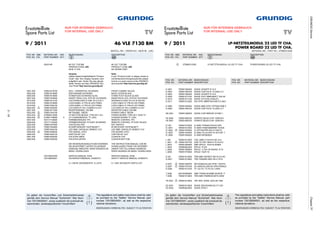 3-19
GRUNDIGServiceChassisTF
Ersatzteilliste
Spare Parts List
46 VLE 7130 BM
TV
BESTELL-NR. / ORDER NO.: GBJ0146 (JZK)
ǵ
9 / 2011
POS. NR. ABB. MATERIAL-NR. ANZ. BEZEICHNUNG DESCRIPTION
POS. NO. FIG. PART NUMBER QTY. d ©
NUR FÜR INTERNEN GEBRAUCH
FOR INTERNAL USE ONLY
Note:
If your "Product Code" or display variant is
notmentionedinthesparepartslist,please
look for a current version at the GRUNDIG
serviceportal"http://service.grundig.de".
Hinweis:
SollteindieserErsatzteillisteIhr"Product
Code" oder Ihre Display-Variante nicht
aufgeführt sein, finden Sie eine aktuali-
sierte Version auf dem GRUNDIG Ser-
vice-Portal"http://service.grundig.de".
GBJ0146 46 VLE 7130 BM 46 VLE 7130 BM
PRODUKTCODE JZK PRODUCT CODE JZK
KEIN E-TEIL NO SPARE PART
0001.000 759551619700 GEH.- VORDERTEIL SCHWARZ FRONT CABINET BLACK
0002.000 759551619800 RUECKWAND SCHWARZ BACK COVER BLACK
0005.000 759551619900 STANDFUSS SCHWARZ GLAS STAND FOOT BLACK GLASS
0007.000 759551544600 KNOPF PROG./VOL./STD-BY SCHWARZ KNOB PROG./VOL./STD-BY SCHWARZ
0015.000 759551614100 LAUTSPRECHER 8 OHM 10/13,5 W 3 SPEAKER 8 OHM 10/13,5 W 30X193
0018.000 759551516900 LVDS-KABEL 51 PIN 40 LED PANEL LVDS-CABLE 51 PIN 40 LED PANEL
0019.000 759551550100 LVDS-KABEL 41 PIN 40 LED PANEL LVDS-CABLE 41 PIN 40 LED PANEL
0020.000 S 759551620000 LCD-DISPLAY SS LTA460HJ14-C01 LCD-DISPLAY SS LTA460HJ14-C01
0021.000 759551611500 INVERTERKABEL 230 MM INVERTER CABLE 230 MM
0022.000 S 759551343100 NETZKABEL 180CM POWER CABLE 180CM
0023.000 S 275990312800 LP-NETZTEILMODUL 175W 2011 SLI POWER BOARD 175W 2011 SLIM TV
0025.000 S 275991148800 X LP-CHASSISMODUL TF (JZK) CHASSIS BOARD TF (JZK)
0027.000 720117144800 FERNBEDIENUNG TP3 REMOTE CONTROL TP3
0028.000 720117145300 FERNBEDIENUNG TP EASY SCHWARZ REMOTE CONTROL TP EASY BLACK
0030.000 759551057800 TASTSCHALTER KEY SWITCH
0032.000 759551544900 IR-EMPFAENGER TSOP35436TT IR-RECEIVER TSOP35436TT
0033.000 759551549100 LED-SMD 1206 BLAU 250MCD 3.3V LED-SMD 1206 BLUE 250MCD 3.3V
0036.000 S 759551608400 FRC-MODUL (VPZ) FRC-BOARD (VPZ)
0090.000 759551620100 KARTON 46" LED CARTON 46" LED
0091.000 759551620200 POLSTER OBEN CUSHION TOP
0092.000 759551620300 POLSTEN UNTEN CUSHION BOTTOM
DIE BEDIENUNGSANLEITUNG KOENNEN THE INSTRUCTION MANUAL CAN BE
SIE IM INTERNET UNTER FOLGENDER DOWNLOADED FROM THE INTERNET
ADRESSE ABRUFEN: WWW.GRUNDIG.DE UNDER THE FOLLOWING ADDRESS:
MENU: DOWNLOADS WWW.GRUNDIG.DE MENU: DOWNLOADS
720100557000 SERVICE MANUAL D/GB SERVICE MANUAL D/GB
720108000001 SICHERHEITSMANUAL D/GB/E/F/I SAFETY SERVICE MANUAL D/GB/E/F/I
X = SIEHE GESONDERTE E-LISTE X = SEE SEPARATE PARTS LIST
ÄNDERUNGEN VORBEHALTEN / SUBJECT TO ALTERATION
( ! )
!
Es gelten die Vorschriften und Sicherheitshinweise
gemäß dem Service Manual "Sicherheit", Mat.-Num-
mer 720108000001, sowie zusätzlich die eventuell ab-
weichenden, landesspezifischen Vorschriften!
The regulations and safety instructions shall be valid
as provided by the "Safety" Service Manual, part
number 720108000001, as well as the respective
national deviations.
Ersatzteilliste
Spare Parts List
LP-NETZTEILMODUL 22 LED TF CHA.
POWER BOARD 22 LED TF CHA.
TV
MATERIAL-NR. / PART NO.: 275990312300
ǵ
9 / 2011
POS. NR. ABB. MATERIAL-NR. ANZ. BEZEICHNUNG DESCRIPTION
POS. NO. FIG. PART NUMBER QTY. d ©
POS. NR. MATERIAL-NR. BEZEICHNUNG
POS. NO. PART NUMBER DESCRIPTION
POS. NR. MATERIAL-NR. BEZEICHNUNG
POS. NO. PART NUMBER DESCRIPTION
S 275990312300 LP-NETZTEILMODUL 22 LED TF CHA. POWER BOARD 22 LED TF CHA.
D 2001 759551395300 DIODE UF4007F R:12.5
D 2003 759551499100 DIODE-CHIP ES1D 1A 200V U.F
D 2004 759551395300 DIODE UF4007F R:12.5
D 2005 759551612100 DIODE STKY MBR3060CT 30A 60
D 2010 759551613100 DIODE UF1010G (PANJIT)
D 2011 759551613200 DIO STKY MBRF30H100CTG 30A1
D 2080 759551549400 DIODE-SMD STKY STPS5H100B 5
D 2083 759551499100 DIODE-CHIP ES1D 1A 200V U.F
DB 2001 759551499200 DIODE-CHIP BRIDGE DI156S 1.
FB 2080 759551606700 FERRITE BEAD-CHIP 120R/3A/1
FB 2081 759551606700 FERRITE BEAD-CHIP 120R/3A/1
IC 201 759551612200 IC-SMD TPS54521RHLR QFN
IC 2001 759551612300 IC-SMD FAN6754BMRMY SOIC8
IC 2002 S 759551253200 IC OPTOKOPPLER H11A817C
IC 2003 759551434500 IC-SMD ZTL431AFFTA SOT23F T
IC 2080 759551549200 IC-SMD MP3900DS
L 202 759551613500 COIL-SMD 4.7UH M 4.9A 10.4
L 2001 S 759551397700 LINE FILTER 10MH 0.7A PLA10
L 2003 759551562600 SMD SPULE 10UH M 200MA
L 2004 759550624400 SPULE 10 UH
L 2006 759551395900 SPULE 4.7UH 3A RADIAL R:10
L 2080 759551570600 SPULE 10UH 7A
Q 201 759551612500 TRN-SMD 2N7002T 60V N-CH SO
Q 2001 759551612600 TRN TK8A65D 650V 8A 0.7R N-
S 2001 S 759551499700 NETZANSCHLUSS 2PIN / VERTIC
S 2007 S 759551570700 DC-ANSCHLUSS 6A 3PIN FEMALE
S 2008 759551612700 TF-12V DC TO 5V DC CARD
T 2082 830100484800 SMD TRANS BC848B/ BC847B P
T 2085 759551613600 TRN-SMD PSMN030-60YS 29/60
TR 2001 S 759551612800 TRF SMT JEWEL BCK-28-1368
ZD 2001 759551613000 DIODE ZEN BZX84C22-7-F 22V
ZD 2002 759550923500 DIODE ZPD5.1
ÄNDERUNGEN VORBEHALTEN / SUBJECT TO ALTERATION
( ! )
!
Es gelten die Vorschriften und Sicherheitshinweise
gemäß dem Service Manual "Sicherheit", Mat.-Num-
mer 720108000001, sowie zusätzlich die eventuell ab-
weichenden, landesspezifischen Vorschriften!
The regulations and safety instructions shall be valid
as provided by the "Safety" Service Manual, part
number 720108000001, as well as the respective
national deviations.
NUR FÜR INTERNEN GEBRAUCH
FOR INTERNAL USE ONLY
 