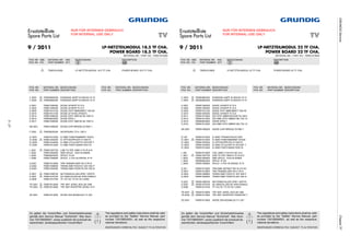 3-21
GRUNDIGServiceChassisTF
Ersatzteilliste
Spare Parts List
LP-NETZTEILMODUL 18.5 TF CHA.
POWER BOARD 18.5 TF CHA.
TV
MATERIAL-NR. / PART NO.: 759551610200
ǵ
9 / 2011
POS. NR. ABB. MATERIAL-NR. ANZ. BEZEICHNUNG DESCRIPTION
POS. NO. FIG. PART NUMBER QTY. d ©
POS. NR. MATERIAL-NR. BEZEICHNUNG
POS. NO. PART NUMBER DESCRIPTION
POS. NR. MATERIAL-NR. BEZEICHNUNG
POS. NO. PART NUMBER DESCRIPTION
S 759551610200 LP-NETZTEILMODUL 18.5 TF CHA. POWER BOARD 18.5 TF CHA.
C 2053 S 759550965300 KONDENS 220PF M 250VAC R:10
C 2054 S 759550965300 KONDENS 220PF M 250VAC R:10
D 2001 759551395300 DIODE UF4007F R:12.5
D 2004 759551395300 DIODE UF4007F R:12.5
D 2005 759551612100 DIODE STKY MBR3060CT 30A 60
D 2010 759551613100 DIODE UF1010G (PANJIT)
D 2014 759551499300 DIODE STKY SB5100 5A 100V D
D 2015 759550923500 DIODE ZPD5.1
D 2017 759551499300 DIODE STKY SB5100 5A 100V D
DB 2001 759551499200 DIODE-CHIP BRIDGE DI156S 1.
F 2002 S 759550935300 SICHERUNG T5 A / 250 V
IC 2001 759551612300 IC-SMD FAN6754BMRMY SOIC8
IC 2002 S 759551253200 IC OPTOKOPPLER H11A817C
IC 2003 759551434500 IC-SMD ZTL431AFFTA SOT23F T
IC 2004 759551612400 IC-SMD FAN7318AMX SOIC16
L 2001 S 759551397700 LINE FILTER 10MH 0.7A PLA10
L 2003 759551562600 SMD SPULE 10UH M 200MA
L 2004 759550624400 SPULE 10 UH
L 2006 759551395900 SPULE 4.7UH 3A RADIAL R:10
Q 2001 759551612600 TRN TK8A65D 650V 8A 0.7R N-
Q 2002 759551499900 TRANS-SMD FDD4141 40V 50A P
Q 2003 759551500000 TRANS-SMD FDD8778 25V 35A N
S 2001 S 759551499700 NETZANSCHLUSS 2PIN / VERTIC
S 2007 S 759551570700 DC-ANSCHLUSS 6A 3PIN FEMALE
S 2008 759551612700 TF-12V DC TO 5V DC CARD
TR 2001 S 759551612800 TRF SMT JEWEL BCK-28-1368
TR 2003 S 759551612900 TRF SMT INVERTER JEWEL HVT-
ZD 2001 759551613000 DIODE ZEN BZX84C22-7-F 22V
ÄNDERUNGEN VORBEHALTEN / SUBJECT TO ALTERATION
( ! )
!
Es gelten die Vorschriften und Sicherheitshinweise
gemäß dem Service Manual "Sicherheit", Mat.-Num-
mer 720108000001, sowie zusätzlich die eventuell ab-
weichenden, landesspezifischen Vorschriften!
The regulations and safety instructions shall be valid
as provided by the "Safety" Service Manual, part
number 720108000001, as well as the respective
national deviations.
NUR FÜR INTERNEN GEBRAUCH
FOR INTERNAL USE ONLY
Ersatzteilliste
Spare Parts List
LP-NETZTEILMODUL 22 TF CHA.
POWER BOARD 22 TF CHA.
TV
MATERIAL-NR. / PART NO.: 759551610600
ǵ
9 / 2011
POS. NR. ABB. MATERIAL-NR. ANZ. BEZEICHNUNG DESCRIPTION
POS. NO. FIG. PART NUMBER QTY. d ©
POS. NR. MATERIAL-NR. BEZEICHNUNG
POS. NO. PART NUMBER DESCRIPTION
POS. NR. MATERIAL-NR. BEZEICHNUNG
POS. NO. PART NUMBER DESCRIPTION
S 759551610600 LP-NETZTEILMODUL 22 TF CHA. POWER BOARD 22 TF CHA.
C 2053 S 759550965300 KONDENS 220PF M 250VAC R:10
C 2054 S 759550965300 KONDENS 220PF M 250VAC R:10
D 2001 759551395300 DIODE UF4007F R:12.5
D 2004 759551395300 DIODE UF4007F R:12.5
D 2005 759551612100 DIODE STKY MBR3060CT 30A 60
D 2010 759551395300 DIODE UF4007F R:12.5
D 2011 759551613200 DIO STKY MBRF30H100CTG 30A1
D 2012 759551613300 DIO-SMD STKY MBRS130LT3G 1A
D 2015 759550923500 DIODE ZPD5.1
D 2016 759551613300 DIO-SMD STKY MBRS130LT3G 1A
DB 2001 759551499200 DIODE-CHIP BRIDGE DI156S 1.
IC 201 759551612200 IC-SMD TPS54521RHLR QFN
IC 2001 S 759551612300 IC-SMD FAN6754BMRMY SOIC8
IC 2002 759551253200 IC OPTOKOPPLER H11A817C
IC 2003 759551434500 IC-SMD ZTL431AFFTA SOT23F T
IC 2004 759551612400 IC-SMD FAN7318AMX SOIC16
L 202 759551613500 COIL-SMD 4.7UH M 4.9A 10.4
L 2001 S 759551397700 LINE FILTER 10MH 0.7A PLA10
L 2003 759551562600 SMD SPULE 10UH M 200MA
L 2004 759550624400 SPULE 10 UH
L 2006 759551395900 SPULE 4.7UH 3A RADIAL R:10
Q 201 759551612500 TRN-SMD 2N7002T 60V N-CH SO
Q 2001 759551612600 TRN TK8A65D 650V 8A 0.7R N-
Q 2002 759551499900 TRANS-SMD FDD4141 40V 50A P
Q 2003 759551500000 TRANS-SMD FDD8778 25V 35A N
S 2001 S 759551499700 NETZANSCHLUSS 2PIN / VERTIC
S 2007 S 759551570700 DC-ANSCHLUSS 6A 3PIN FEMALE
S 2008 759551612700 TF-12V DC TO 5V DC CARD
TR 2001 S 759551612800 TRF SMT JEWEL BCK-28-1368
TR 2002 S 759551613400 TRF SMT INVERTER TRANSTEK T
ZD 2001 759551613000 DIODE ZEN BZX84C22-7-F 22V
ÄNDERUNGEN VORBEHALTEN / SUBJECT TO ALTERATION
( ! )
!
Es gelten die Vorschriften und Sicherheitshinweise
gemäß dem Service Manual "Sicherheit", Mat.-Num-
mer 720108000001, sowie zusätzlich die eventuell ab-
weichenden, landesspezifischen Vorschriften!
The regulations and safety instructions shall be valid
as provided by the "Safety" Service Manual, part
number 720108000001, as well as the respective
national deviations.
NUR FÜR INTERNEN GEBRAUCH
FOR INTERNAL USE ONLY
 