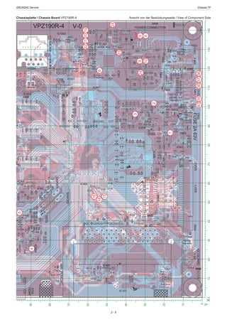 GRUNDIG Service	 Chassis TF
2 - 5
Chassisplatte / Chassis Board VPZ190R-4	 Ansicht von der Bestückungsseite / View of Component Side
0
10
20
30
40
50
60
70
80
90
100
Y
0102030405060708090100110120130140X
1
D618
D619
1
1
1
1
1
1
51
R241
19
L601
1
1
1
1
1
1
15
1
2
1
1
R150 RP408
741R 804R
R120
1
R1027IC108
RP413
1
R1028R413
IC400
S31
C503
D500
C315
C637
T503
R630
R309
1
1
391
R415RP6 RP1RP412RP410R414R711
R524R710
RP409R106
C303
T702
R733
RP421
C625
907R
R245R121C920
R606
R243C919
R607
1
R231
R229
R204R200
R657
R202
R212
R219
R211
R239
T603
R637
R237
R701
R621R614
C613
L610
R145
R702
1C617L605C101R230R232R238
R628
R622
R619
C659R101
TP192
816R 626R
R648
R715
C649C213C218
R714
C648
R623
C215C220R706R705
R834C845C843
C841C840
C122S1003
C828
C833
C846R865R537C529C601
C842
C839X1001IC105C1055
R510
C539
1 C1014
C533
R103C1013R1016
R144
C534
1
C508
R644C630C650
R642
C507C540C504
C525R534
R1022R1005
C1030
R148 C404
R418
R734
R504
R520
R667
C604
C124
R416RP411 RP4
R306R130
R107
R112
R723
R666
RP419 RP417
IC402
RP416
S702
C610
R668
R654
C635
L607
R216
C609
C607
19
R244R236
C618
R242R234 R228
C615
D610
R331
C323
IC201
C527
R539 C526
R110
R645
R1013
R495
C120
C119C118
IC102
R118
R131
D704
R665
L613
R512
IC500
R515
R632
R320
R658
R661
C657
C655
C654
L611
1
C402
R502
R302C300
L300
S403
C104R457
C624
R722
C317
R124
R917
1
30
T607
C208
C207
C212
1
D620
R916
L608
IC200
R736
S700
R615
L603
C202
C205
R227
R700D601
R660R640
L606
R100
R222
R201
R213
R215
R207
R226
R210
R664
1
R631
R633
1
L604
C616
C611
C612
C614C109
L101
1
D707
D617
D616
C702
D706
R859R839R832
R846
11
R119
L1015
C829
R836
C830
R837C832
R838
1
C546
C530
C531
C524
L1002
CT48
C1018
C1011
1
C1054
1
T609
F501
L504
L507
C515
R519
R526
R506
1
R1007
7
8
1
1C521
R518
C500
C1021
R109
R1009
R115R113
S607
C519
C538
IC107
T101
HDMI
S703
R149
L107
IC101
C405
R1025
PCMCIA
C113
1
D705
9
R409C400R105
R625
R624
R321
D503
R514
R662
S604
R656
40
C660
R649
L612
R305
R659
C656
R712
L614
1
1
S602
R459
1
T300
R301R300
T100
C307
D504
3
SAW300
C112
R455
1
R635
L412
IC605
D600
C703
2
R604
1
RP418
RP420
SAW301
C320
C103
X100
C125C123
L104
L102
C107
R921
IC704
C921
LVDS
S404
51
C201
C206
R220
1
IC600
L602 C606
C608
C605
R235
R233
R214
HDMI
1
R731
R730
1
R616
C600
IC603
C211
C210
C209
R208
R206
R653
C700
R627
R639R638
C621
C603
C627
C623
L200
L100
C200
C102
C100
R240
R205
R203
C422
2
C838
C837
C628
D603
R847
R620
IC601
C647
L105
C106
C105
C216
C214
R221
C219
C217
R127
L106
D708
R732
DVD
S801
C844
C826
T806
R111
USB
R843
1
T803
R536C528
C512
IC501
C544
C541
C532
C115
C1029
R1014
L1003
CT47
C1053
R608
0001R
F800
T608
R643C632
R848
R652
C643
L509
R529
R521
C535
C513
FID3
14
C642
1
R500
L502
C543
L506
R513 C514
C517
R1004
S606
C542
C522
C520
R527
S1000
R102
FID2C401
R634
R603
R663R126
IC104
TP194
R122
C304
T704
R708
1
S603
HDMI L103
C108
R938
TP193
R647
C646
C636
R641
T602
R629
IC606
R849
19
R129
R333
R540
R1023R1057
R651R108
C523L1010
R1006
R516 R646
C639
R1012
R528
VPZ190R-4
IC1003
POWER CONNECTORV-0
S610
R411
S400
C653
C626
R617
R407
R405
R400
C111
L108
L503
D300
R311
R128
C482
R612
C619
C204
1
D701D602
D613D615
D700D614
T701T601
HDMI
16
R851
IC801
C641
C509
C510
L508
C518
R535
R530
C1012
C203
R123
C1020
R1008C1019
KEYBOARD
C403
IC401
R707C622
LVDS
R401
1
L302
C485
T705
FUSE2A63V
F600
T610
R613IC602
L609
C629
C658C620
C110
D702D709
IC901
S701
IC607
T802
C640
C549
C511
L510
C516
R218C345
IC106
IC1005
L501
L505
IC609
IC700
S803
D1004
ETHERNET
1
2
3
4
5
6
95
Trigger
610
16
14
15
22212019
23
24
24
4039383736
 