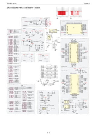 GRUNDIG Service	 Chassis TF
2 - 16
POWER_SW
TCON_ON
PCM_PWR
BRI_ADJ
MUTE_SC
BL_CTRL
AMP_STB
SC1_CVBS_OUT
VGA_GIN+
VGA_RIN+
VGA_BIN+
SC1_CVBS-IN
RCA_CVBS
AU_DAC0_R
AU_DAC0_L
SC1-Rin
SC1-Lin
RCA_R
RCA_L
PC_A_L
PC_A_R
USB1_P
USB1_N
SIF_N
SIF_P
I2C-SDA
I2C-SCL
POWER_SW
BL_CTRL
MUTE_SC
AU_DAC0_R
AU_DAC0_L
AMP_STB
TCON_ON
PCM_PWR
BRI_ADJ
VGA_RIN+
VGA_GIN+
VGA_BIN+
RCA_CVBS
SC1_CVBS-IN
SC1-Lin
SC1-Rin
PC_A_R
PC_A_L
RCA_L
RCA_R
SC1_CVBS_OUT
EAR_OUT_L
EAR_OUT_R
USB1_P
USB1_N
SIF_N
SIF_P
I2C-SCL
I2C-SDA
Audio Block
Video Block
GPIO
Parallel flash
USB Block
I2C/UART
R116 0R
I2C-SDA
I2C-SCL
A0
1
A1
2
A2
3
GND
4
SDA
5
SCL
6
WP
7
VCC
8
IC103
24C32 C121
100nF
GND
GND
I2C address at A0
R125
NC
GND
EE_WP
EEPROM (Panel data)
VCC3V3
TP12
L101
FB/60R
C106
100n
C105
22uF 6V3
VDDCVCC1V05
TP4
C110
2,2uF
GND
VCC3V3-ST
VCC1V8
C102
2,2uF
L100
FB/60R
VCC1V8 AVDD_DDR
GND
TP5
IC Configuration Selection
C109
2,2uF
L105
FB/60R
C108
2,2uF
GND
VCC3V3
TP8
TP7
L106
FB/60R
XTALO
XTALI
R124
1M
C123
10pF
C125
10pF
GNDGND
CL=8pF
System XTAL
EAR_OUT_L
EAR_OUT_R
SC1-HSYNC
SC1-VSYNC
VGA_VSYNC
RGB1_PB-
RGB1_PB+
RGB1_Y-
RGB1_Y+
VGA_HSYNC
RGB1_PR+
RGB1_PR-
SOY_YUV
VGA_SOG
SC1-HSYNC
RGB1_PB-
RGB1_PB+
RGB1_Y-
RGB1_Y+
VGA_VSYNC
VGA_HSYNC
SOY_YUV
RGB1_PR+
RGB1_PR-
SC1-VSYNC
VGA_SOG
COMP/VGAin
SC1-G+
SC1-B+
SC1-R+
SC1-G+
SC1-B+
SC1-R+
DVDinScartin
ANTPOWERANTPOWER
FLH_3.3VFLH_3.3V
L107
FB/60R C119
100nF
C118
100nF
VCC3V3
GND
FLH_3.3V
GNDGND
512Mbit NAND FLASH
C120
2,2uF
R/B
C7
RE
D3
CE
C5
NC
E4
NC
E5
VDD
J5
VSS
C4
VSS
K2
NC
E6
CLE
D4
ALE
C3
WE
C6
WP
C2
NC
J4
NC
J2
NC
H6
NC
H5
D7
J7
D6
K6
D5
J6
D4
K5
VDD
H7
VSS
K7
NC
G6
NC
G5
NC
G4
D3
K4
D2
K3
D1
J3
D0
H3
NC
D2
NC
D5
NC
D6
NC
D7
NC
E2
NC
E3
NC
E7
NC
F2
NC
F3
NC
F4
NC
F5
NC
F6
NC
F7
NC
G2
NC
G3
NC
G7
NC
H2
NC
H4
DU
A1
DU
A8
DU
B8
DU
L1
DU
L8
DU
M1
DU
M8
IC102
NAND512W3A2DZD6F
GND
VGA_GIN-
VGA_RIN-
VGA_BIN-
VGA_RIN-
VGA_GIN-
VGA_BIN-
SC1-G-
SC1-B-
SC1-R-
SC1-G-
SC1-R-
SC1-B-
VCOM0VCOM0
RF_MON RF_MON
AVDD25_PGA
AVDD_DVI
VDD33
FLH_3.3V
C107
100nF
VCC2V5
L104
FB/60R
GND
VCC2V5
VCC1V05
VCC3V3-STVCC3V3
PGA_VCOM
L102
FB/60R
L103
FB/60R
GND
FLH_3.3V
USB2_P
USB2_NUSB2_N
USB2_P
R121
1k
AVDD2P5
1 3
24
X100
24MHz
SC1-C SC1-C
I2C-SDA-C
I2C-SCL-C
DU
A1
DU
A2
DU
B1
DU
L2
DU
M2
DU
M1
DU
L1
DU
A9
DU
A10
DU
B9
DU
B10
DU
L9
DU
L10
DU
M9
DU
M10
R/B
C8
RE
D4
CE
C6
NC
E5
NC
E6
VDD
J6
VSS
C5
VSS
K3
NC
E7
CLE
D5
ALE
C4
WE
C7
WP
C3
NC
J5
NC
J3
NC
H7
NC
H6
D7
J8
D6
K7
D5
J7
D4
K6
VDD
H8
VSS
K8
NC
G7
NC
G6
NC
G5
D3
K5
D2
K4
D1
J4
D0
H4
NC
D3
NC
D6
NC
D7
NC
D8
NC
E3
NC
E4
NC
E8
NC
F3
NC
F4
NC
F5
NC
F6
NC
F7
NC
F8
NC
G3
NC
G4
NC
G8
NC
H3
NC
H5
IC101
NAND01GW3B2CZA6F
FLH_3.3V
GND
FLH_3.3V
FLH_3.3V
GND
FLH_3.3V
1Gbit NAND FLASH
IRIN
SAR0
IRIN
SAR0
GND
GPIO149 GPIO149
IR
DVD
TP6
TP13
TP15
TP14
NC46
NC2
NC3
NC4
NC5
NC6
NC7
NC8
NC10
NC9
NC11
NC12
NC13
NC14
NC15
NC45
NC23
NC24
NC25
NC26
NC27
NC28
NC29
NC30
NC31
NC32
NC33
NC34
NC35
NC2
NC3
NC4
NC5
NC6
NC9
NC10
NC7
NC8
NC11
NC12
NC13
NC14
NC15
NC45
NC44
NC42
NC47
NC41
NC43
NC40
NC30
NC31
NC32
NC33
NC34
NC35
NC23
NC24
NC25
NC26
NC27
NC28
NC29
NC40
NC41
NC42NC43
NC44
NC47
NC46
7531
8642
R146
100R
7531
8642 R144
10K
GND
SPDIF_OUT SPDIF_OUT
LED_R LED_R
SAR1SAR1 RESET_OUT RESET_OUT
I2S_WS
I2S_MCK
I2S_BCK
I2S_SD
I2S_WS
I2S_MCK
I2S_BCK
I2S_SD
I2S_BCK
I2S_SD
CVBS_DVDCVBS_DVD
7531
8642
R149 47R
7531
8642
R150 47R
PCM_A6
PCM_A7
PCM_A4
PCM_A5
PCM_A0
PCM_A1
PCM_A2
PCM_A3
F_D6
F_D7
F_D4
F_D5
F_D0
F_D1
F_D2
F_D3
F_D6
F_D7
F_D4
F_D5
F_D0
F_D1
F_D2
F_D3
F_D6
F_D7
F_D4
F_D5
F_D0
F_D1
F_D2
F_D3
PF_AD15
PF_OEZ
PF_ALE
PF_CE0Z
PF_CE1Z
PF_WEZ
PF_RBZ
7531
8642
R147 47R
7531
8642
R148 47R
F_AD15
F_OEZ
F_ALE
F_CE0Z
F_CE1Z
F_WEZ
F_RBZ
F_AD15
F_OEZ
F_ALE
F_CE0Z
F_CE1Z
F_WEZ
F_RBZ
F_AD15
F_ALE
F_CE1Z
F_WEZ
F_OEZ
F_CE0Z
F_RBZ
FAULT FAULT
7531
8642
R106
100R
7531
8642
R114
4.7K
UART-RX
UART-TX
UART-RX
UART-TX
7531
8642 R112
10K
EE_WP EE_WP
GPIO147 GPIO147
USB_ENUSB_EN
GND
AUVRP
AUVRM
AUVAG
L412
SBY1005
C485
4.7uF
C482
10uF
R457
0R
R455
0R
C317
100nF
C320
100nF
D_IF_N
D_IF_P
L503
0R/0.47uH
NAND FLASH
DIFP
DIFM
SIF_CTL SIF_CTL
RF_CTRL
ANTPOWER
I2S_MCK
SCL
1
GND
2
SDA
3
VCC
4
WP
5
IC100 AT24C32D-STHM-T
E2D
E2C
E2V
E2W
GND
E2D
E2C
E2V
E2W
(option)
R102
NC/10k
GND
ET_RXD0-E
ET_RXD1-E
ET_MDC-E
ET_MDIO-E
ET_TXD0-E
ET_TXD1-E
ET_TX_EN-E
ET_TXD0-E
ET_TXD1-E
ET_TX_EN-E
ET_RXD0-E
ET_RXD1-E
ET_MDC-E
ET_MDIO-E
ET_COL-EET_COL-E
ET_TX_CLK-EET_TX_CLK-E
CLOCK/3D_Tx
I2C-SCL
I2C-SDA
+5V2_ST
GND
CLOCK OPTION
3D_SYNC 3D_SYNC
TP3
7531
8642
R104 100R
TP2
TP1
DVD_ARIN
DVD_ALIN DVD_ALIN
DVD_ARIN
GPIO145
P1
1
P2
2
P3
3
P4
4
P5
5
P6
6
P7
7
S100
CON7
1...5 pins for 3D_Tx
2...5 pins for HTV
VCC3V3-ST
R117
NC/0R
GPIO145
R/B
7
RE
8
CE
9
10
11
VDD
12
VSS
13
15
CLE
16
ALE
17
WE
18
WP
19
48
47
46
45
D7
44
D6
43
D5
42
D4
41
VDD
37
VSS
36
35
34
33
D3
32
D2
31
D1
30
D0
29
1
2
3
4
5
6
20
21
22
23
24
25
26
27
28
14
39
NC
IC107
NAND_TSOP
F_D6
F_D7
F_D4
F_D5
F_D0
F_D1
F_D2
F_D3
F_AD15
F_ALE
F_CE1Z
F_WEZ
F_OEZ
F_CE0Z
F_RBZ
GNDGND
FLH_3.3VFLH_3.3V
IFAGC IFAGC 100Hz_RST 100Hz_RST
L108
0R/0.47uH
C104
NC/22pFC112
NC/22pF
GND
C111
NC/47pF
GND
C103
NC/47pF
38
40
DVBT2_RST DVBT2_RST
Vcc
4
GND
1
RESET
2
MR
3
IC108
APX812-29UG-7
R105
10K
R118
4.7K
R131
470R
GND
GND
C113
NC/47pF
GND
7531
8642 R120
10k
VCC12V
GND
T101
BC847B
FAULT
9
10
Chassisplatte / Chassis Board – Scaler
APX811/812
Vcc
RESET
MR
Vref
Delay
Circuit
Driver
9 0
 