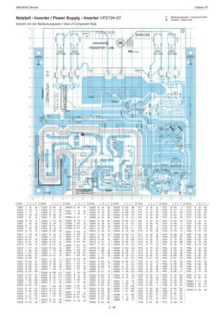 GRUNDIG Service	 Chassis TF
2 - 49
0
10
20
30
40
50
60
70
80
90
100
110
120
130
140
150
160
170
Y
0 10 20 30 40 50 60 70 80 90 100 110 120 130 140 150 160X
+
F2001
1
1
+
J2017
1
J2006
1
+
S2007
T2AL/250V
L2005
C2032
S2005
C2004
D2004
S2004
REPLACEONLYWITHSAMETYPEANDRATINGOFFUSE
F2002
HS2002
C2017
64
C2042
J2007
+
7911
HS2005
1
C2001
HIGH
C2003
OK
L2001
D2015
R2021
C2053
YYY
YYY
C2011
31
C
2
0
1
6
J2018
+
+
L2006
81012
HIGH
J2003
J2004
YYY
+
CAUTION:
DCIN
V-0
R2060
C2033
ACIN
C2054
R2063
C2029
D2001
T2 T4
IC2002
+
J2009
J2
0
2
0
L2007
R2062
C2028
SASI
R2058
14
VPZ194-07
FUSE21.6'':6.3A/250V
S2006
J2
0
1
9
FORCONTINUEDPROTECTIONAGAINSTFIREHAZARD,
MH2001
S2008
TR2002
C2007
L2004
C2018
MH2002
R
2
0
0
5
DC_DC
VOLTAGE VOLTAGE
HIGH
SPACER
DANGER!
12V DC BOARD
TR2001
C2041
11
13S2002
J2002
D2005
Y
Y
Y
Y
Y
Y
D
2
0
1
4
HS2003
J2011
VOLTAGEVOLTAGE
HIGH
MH2003MH2004
S2001C2002
D2010
C2005
TRANSPORT LINE
T1 T3 T5
C2048
Q2001
D
2
0
1
7
D2011
C
2
0
1
5
FUSE18.5'':5A/250V
SECONDARY
S2003
C2009
PRIMARY
LIVE PART
R2020
R2019
TR2003
BARCODE
R2017
HI-POT
C2001	T	30	 64
C2002	T	30	 47
C2003	T	41	 9
C2004	T	39	 56
C2005	T	81	 32
C2006	B	79	 13
C2007	T	95	 20
C2008	B	77	 22
C2009	T	86	 20
C2010	B	79	 10
C2011	T	90	 65
C2012	 B	114	 7
C2013	 B	151	 55
C2014	 B	151	 51
C2015	 T	155	 19
C2016	 T	117	 24
C2017	T	84	 43
C2018	 T	137	 20
C2019	 B	150	 91
C2020	 B	146	 82
C2021	 B	152	 91
C2022	 B	150	 82
C2023	 B	148	 82
C2024	 B	139	 82
C2025	 B	130	 86
C2026	 B	132	 82
C2027	 B	141	 82
C2028	 T	130	 125
C2029	T	45	125
C2030	 B	142	 115
C2031	B	47	112
C2032	 T	144	 125
C2033	T	31	125
C2034	 B	151	 115
C2035	B	32	112
C2036	 B	133	 95
C2037	 B	150	 16
C2038	 B	112	 89
C2039	B	71	 93
C2040	B	86	 93
C2041	T	98	 91
C2042	 T	110	 90
C2043	B	55	 77
C2044	 B	141	 18
C2045	B	76	 78
C2046	 B	106	 90
C2047	B	52	 77
C2048	 T	119	 10
C2049	 B	131	 11
C2050	 B	137	 33
C2051	 B	141	 25
C2052	 B	134	 33
C2053	T	70	 65
C2054	T	41	 15
C2055	 B	112	 74
D2001	T	63	 11
D2002	B	95	 10
D2003	B	99	 42
D2004	T	88	 34
D2005	 T	145	 33
D2006	 B	146	 115
D2007	B	41	112
D2008	 B	132	 117
D2009	B	27	112
D2010	T	37	 78
D2011	 T	139	 69
D2012	 B	110	 97
D2013	 B	123	 69
D2014	 T	139	 66
D2015	T	77	 15
D2016	B	91	 96
D2017	 T	147	 66
DB2001	B	 66	 40
F2001	T	14	 54
F2002	T	29	 81
FB2001	B	 51	 8
IC2001	B	 75	 13
IC2002	 T	105	 19
IC2003	 B	114	 19
IC2004	 B	141	 93
J2001	 B	145	 12
J2002	 T	138	 13
J2003	 T	151	 51
J2004	 T	151	 49
J2005	 B	145	 101
J2006	 T	127	 87
J2007	 T	117	 15
J2009	 T	104	 87
J2010	 B	138	 101
J2011	 T	145	 103
J2012	 B	130	 95
J2017	 T	110	 71
J2018	 T	107	 71
J2019	 T	120	 30
J2020	 T	118	 29
L2001	 T	55	 56
L2002	 B	81	 39
L2003	 B	98	 30
L2004	 T	145	 17
L2005	 T	91	 84
L2006	 T	127	 18
L2007	 T	115	 76
Q2001	T	88	 14
Q2002	 B	121	 107
Q2003	 B	101	 101
R2001	B	46	 50
R2002	B	46	 56
R2003	B	42	 62
R2004	B	42	 50
R2005	T	24	 56
R2006	B	42	 56
R2007	B	46	 62
R2009	B	59	 34
R2010	B	59	 29
R2011	B	55	 27
R2012	B	55	 15
R2013	B	96	 25
R2014	B	79	 17
R2015	B	80	 22
R2016	B	91	 9
R2017	T	83	 54
R2018	B	88	 9
R2019	 T	148	 55
R2020	T	83	 49
R2021	T	77	 18
R2022	 B	100	 7
R2023	 B	132	 33
R2024	 B	130	 17
R2025	 B	109	 10
R2026	 B	111	 7
R2027	 B	121	 19
R2028	 B	124	 19
R2029	 B	127	 19
R2030	 B	114	 12
R2031	 B	152	 87
R2032	 B	152	 82
R2033	 B	132	 86
R2034	 B	130	 82
R2035	 B	148	 91
R2036	 B	143	 82
R2037	 B	137	 82
R2038	 B	134	 82
R2039	 B	125	 86
R2040	 B	124	 81
R2041	 B	148	 95
R2042	 B	149	 115
R2043	B	37	112
R2044	 B	140	 115
R2045	B	44	112
R2046	 B	142	 111
R2047	 B	140	 111
R2048	B	35	108
R2049	 B	153	 115
R2050	B	35	112
R2051	B	30	108
R2052	 B	136	 113
R2053	B	23	112
R2054	 B	123	 98
R2055	B	96	 97
R2056	 B	129	 117
R2057	B	30	112
R2058	 T	137	 123
R2059	 B	138	 113
R2060	T	24	123
R2061	B	20	112
R2062	 T	119	 123
R2063	T	38	123
R2064	B	62	 80
R2065	B	74	 22
S2001	T	22	 22
S2002	 T	136	 8
S2003	 T	141	 158
S2004	 T	127	 158
S2005	T	27	158
S2006	T	41	158
S2007	T	13	 78
S2008	T	59	 77
TP1	 B	28	 53
TP2	 B	14	 34
TP3	 B	44	 53
TP4	 B	44	 59
TP5	 B	28	 59
TP6	 B	81	 26
TP7	 B	69	 50
TP8	 B	49	 9
TP9	 B	63	 50
TP10	 B	78	 36
TP11	 B	59	 32
TP12	 B	57	 28
TP13	 B	55	 18
TP14	 B	55	 13
TP15	 B	71	 10
TP16	 B	78	 29
TP17	 B	97	 23
TP18	 B	74	 20
TP19	 B	94	 18
TP20	 B	121	 69
TP21	 B	76	 20
TP22	 B	93	 8
TP23	 B	75	 29
TP24	 B	99	 46
TP25	 B	83	 16
TP26	 B	94	 14
TP27	 B	93	 35
TP28	 B	60	 79
TP29	 B	136	 37
TP30	 B	100	 5
TP31	 B	93	 60
TP32	 B	89	 46
TP33	 B	100	 10
TP34	 B	142	 11
TP35	 B	110	 22
TP36	 B	127	 58
TP73	 B	25	109
TP74	 B	145	 86
TP75	 B	130	 92
TP76	 B	135	 101
TP77	 B	135	 103
TP78	 B	93	 91
TP79	 B	139	 73
TP80	 B	121	 116
TP81	 B	38	119
TP82	 B	137	 119
TP83	 B	152	 95
TP84	 B	24	119
TP85	 B	125	 92
TP86	 B	24	132
TP87	 B	119	 132
TP88	 B	38	132
TP89	 B	138	 132
TP90	 B	20	 82
TP91	 B	143	 87
TP92	 B	150	 101
TP93	 B	133	 99
TP94	 B	146	 99
TP95	 B	139	 33
TP96	 B	130	 33
TP97	 B	77	 18
TP98	 B	101	 76
TP99	 B	96	 30
TR2001	T	111	 48
TR2002	T	 83	 116
TR2003	T	 83	 113
ZD2001	B	 99	 25
TP37	 B	109	 6
TP38	 B	113	 10
TP39	 B	151	 53
TP40	 B	123	 16
TP41	 B	145	 55
TP42	 B	157	 34
TP43	 B	138	 11
TP44	 B	124	 12
TP45	 B	35	 34
TP46	 B	118	 13
TP47	 B	128	 50
TP48	 B	105	 87
TP49	 B	74	102
TP50	 B	84	106
TP51	 B	87	 72
TP52	 B	154	 76
TP53	 B	135	 96
TP54	 B	148	 88
TP55	 B	150	 86
TP56	 B	141	 85
TP57	 B	138	 85
TP58	 B	135	 85
TP59	 B	135	 90
TP60	 B	135	 9
TP61	 B	146	 111
TP62	 B	39	109
TP63	 B	130	 132
TP64	 B	45	132
TP65	 B	133	 121
TP66	 B	45	119
TP67	 B	144	 132
TP68	 B	31	132
TP69	 B	144	 119
TP70	 B	31	119
TP71	 B	110	 80
TP72	 B	138	 110
POS.	 X	Y POS.	 X	Y POS.	 X	Y POS.	 X	Y POS.	 X	Y POS.	 X	Y POS.	 X	Y POS.	 X	Y
T:	 Bestückungsseite / Component Side
B:	 Lötseite / Solder Side
Netzteil - Inverter / Power Supply - Inverter VPZ194-07
Ansicht von der Bestückungsseite / View of Component Side
 
