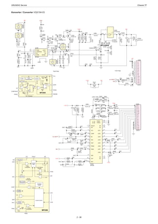 GRUNDIG Service	 Chassis TF
2 - 56
Konverter / Converter VQX194-03
COMP/RUN
2
FB
3
PGND
1
SGND
4
ISENSE
5
NC
6
VCC
7
GATE
8
IC2080
MP3900
L2080
10uH/7A
FB2081
FB
R2094
2.2K/1%
R2092
68K
R2093
22k
R2088
220R
C2092100n/50V
1
3
2
ZD2080
BZX84C12
C2091100n/50V
R2096
10R
R2080
10K/1%
4
1
3
D2080
STPS5H100
C2090
10n/50V
24V
24V
C2085
10uF/50V
C2081
10uF/50V
C209310uF/50V
+12V3
R2081
0.04R
C2080
100uF35V
C2086
100uF25V
T2082
BC848BLT1G
T2081
BC807-40
R2086
22K
R2087
4,7K
D2083
ES1D
C2089
22uF 10V
FB2080
FB
C2083
100n/50V
SGND
SGND
Power StageSignal Stage
C2087
100n/50V
R2091
4,7K
R2090
10K
R2089
10K
R2097
10R
1
3
2
D2082 *
J2080
J2081
J2082
C2082
100n/50V
J2084
C2094
100n/50V
TP81
TP117
Tp111
Tp112
TP56
Tp106
Tp108
Tp110
Tp109
Tp94
Tp101
Tp102
Tp103
Tp104
Tp100
Tp92
Tp93
Tp105
TP119
TP107
Tp113
C2095
100uF35V
STBY
TP53
3512
G4
T2085
PSMN030-60YS
J2083
TP50
TP114
TP61
C2088
100n/50V
J2085
J2091
J2096
J2089
J2090
J2095
J2086
J2092
J2087
J2093
J2088
J2094
Jumper
R2105
2.2K/1%
R2103
2.2K/1%
TP130
1
3
2
ZD2083
BZX84C12
ZD2082
BZX79-C27
C210010n/50V
R2104
20K
TP128
TP129
1
3
2
ZD2084
BZX84C15
Tp131
VFAULT
1
COMP
2
VIN
3
VCC
4
EN
5
OSC
6
FSET
7
PWMO
8
GND
9
PWMI
10
LED8
11
LED7
12
LED6
13
LED5
14
NC
15
ISET
16
NC
17
LED4
18
LED3
19
LED2
20
LED1
21
OVP
22
PGND2
23
PGND1
24
NC
25
SW2
26
NC
27
SW1
28
IC2040
MP3388
C2041
100n50V
L2040
47uH/1.2A
D2040
SB560
SB560
SB560
VLED
GND
VLED
C2040
10uF/50V
R2052
390K
R2053
10K %1
C2054
R2054
120K 1%
R2048
100k
R2044
*
C2052
*
C2053
R2050
2K2
R2056
0R
R2057
0RR2047
0R
R2060
10K %1
R2046
10K %1
R2045
2K2
R2055
120K 1%
+12V3
C2046
10uF/50V
C2047
10uF/50V
C2048
220n/50V
P1
1
P2
2
P3
3
P4
4
P5
5
P6
6
P7
7
P8
8
P9
9
P10
10
P11
11
P12
12
P13
13
P14
14
P15
15
P16
16
S2040
CON16
FB2040
C2049
220n/50V
C2042
*
C2043
*
R2042
*
R2041
*
R2043
*
R2059
0R
R2058
0R
C2050
100n/50V
C2051
100n/50V
R2051
0R
GND
GND
GND
C2045
220p/50V
C2044
220p/50V
+12V3
R2040
*
D2041
D2042
C2055
100uF25V
Tp66 Tp67
Tp72
Tp75
Tp77
TP120Tp80
Tp83
Tp84
Tp86
Tp88
Tp87
TP122
Tp89
Tp91
Tp85
Tp82
Tp79
Tp76
Tp78
Tp74Tp73
Tp71
Tp70
Tp69Tp68
Tp63 Tp64
Tp62
Tp65
BL ON/OFF
DIM
TP116
TP115
TP57
TP123
P1
1
P2
2
P3
3
P4
4
P5
5
P6
6
P7
7
P8
8
P9
9
P10
10
P11
11
P12
12
P13
13
P14
14
S2080
CON14
24V
R2099
0R
DIM
R2101
0R
R2102
0R
24V+12V3
BL ON/OFF
R2098
0R
TP60
TP54
TP59
TP55
R2100
0R
TP58
TP118
MP3900
Enable
Vref = 0.8V
FB
IMAX
Clamp
Slope
Compensation
COMP/RUN
SGND
EA Translator
EA
Oscillator
Internal
Bias
--
+
Driver
PGND
GATE
ISENSE
Gates
Off
Turn
Off
ITRP
--
+
S
R
Q
Q
VCC
MP3388
VCC VFAULT SW
PGND
1.23V
5.5V
600mV
OVP
LED1
LED8
PWMI
FSET
ISET
EN
1.2V
1.2V
0.2V
400k
COMP
OSC
GND
VIN
Control
Logic
Current Sense
Amplifier
OV
Comparator
PWM
Comparator
Regulator
Oscillator
LED 0V
Comperator
Short String
Protection
Feedback
Control
Enable
Control
DPWM
Oscillator
Current Control
DPWM
Comparator
PWMO
 