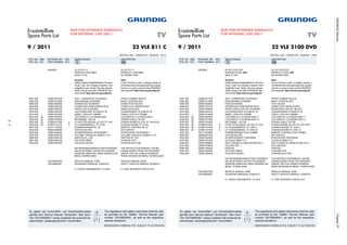 3-3
GRUNDIGServiceChassisTF
Ersatzteilliste
Spare Parts List
22 VLE 811 C
TV
BESTELL-NR. / ORDER NO.: GBJ8222 (KCJ)
ǵ
9 / 2011
POS. NR. ABB. MATERIAL-NR. ANZ. BEZEICHNUNG DESCRIPTION
POS. NO. FIG. PART NUMBER QTY. d ©
NUR FÜR INTERNEN GEBRAUCH
FOR INTERNAL USE ONLY
Note:
If your "Product Code" or display variant is
notmentionedinthesparepartslist,please
look for a current version at the GRUNDIG
serviceportal"http://service.grundig.de".
Hinweis:
SollteindieserErsatzteillisteIhr"Product
Code" oder Ihre Display-Variante nicht
aufgeführt sein, finden Sie eine aktuali-
sierte Version auf dem GRUNDIG Ser-
vice-Portal"http://service.grundig.de".
GBJ8222 22 VLE 811 C 22 VLE 811 C
PRODUKTCODE KCJ PRODUCT CODE KCJ
KEIN E-TEIL NO SPARE PART
0001.000 759551557700 GEH.- VORDERTEIL SCHWARZ FRONT CABINET BLACK
0002.000 759551610900 RUECKWAND SCHWARZ BACK COVER BLACK
0005.000 759551608600 STANDFUSS SCHWARZ STAND FOOT BLACK
0006.000 759551609100 STANDFUSS ZWISCHENSTUECK STAND FOOT MIDDLEPART
0007.000 759551564700 KNOPF LED SCHWARZ KNOB LED BLACK
0015.000 759551494700 LAUTSPRECHER 16 OHM 5/7 W LOUDSPEAKER 16 OHM 5/7 W
0019.000 759551610500 KABEL LVDS 30 P 200MM CABLE LVDS 30 P 200MM
0020.000 S 759551607600 LCD-DISPLAY LC216EXN-SDA1 LCD-DISPLAY LC216EXN-SDA1
0022.000 S 759551350200 NETZKABEL 150 CM POWER CABLE 150 CM
0023.000 S 275990312300 X LP-NETZTEILMODUL 22 LED TF CHA POWER BOARD 22 LED TF CHA.(PSU
0025.000 S 275991144100 X LP-CHASSISMODUL TF (JYW) CHASSIS BOARD TF (JYW)
0027.000 720117145700 FERNBEDIENUNG RC 23 REMOTE CONTROL RC 23
0030.000 759551558000 TASTSCHALTER KEY SWITCH
0032.000 759551544900 IR-EMPFAENGER TSOP35436TT IR-RECEIVER TSOP35436TT
0033.000 759551549100 LED-SMD 1206 BLAU 250MCD 3.3V LED-SMD 1206 BLUE 250MCD 3.3V
0090.000 759551558100 KARTON 22 „ LED CARTON 22“ LED
0091.000 759551564100 POLSTER OBEN CUSHION TOP
0092.000 759551564200 POLSTER UNTEN CUSHION BOTTOM
DIE BEDIENUNGSANLEITUNG KOENNEN THE INSTRUCTION MANUAL CAN BE
SIE IM INTERNET UNTER FOLGENDER DOWNLOADED FROM THE INTERNET
ADRESSE ABRUFEN: WWW.GRUNDIG.DE UNDER THE FOLLOWING ADDRESS:
MENU: DOWNLOADS WWW.GRUNDIG.DE MENU: DOWNLOADS
720100557000 SERVICE MANUAL D/GB SERVICE MANUAL D/GB
720108000001 SICHERHEITSMANUAL D/GB/E/F/I SAFETY SERVICE MANUAL D/GB/E/F/I
X = SIEHE GESONDERTE E-LISTE X = SEE SEPARATE PARTS LIST
ÄNDERUNGEN VORBEHALTEN / SUBJECT TO ALTERATION
( ! )
!
Es gelten die Vorschriften und Sicherheitshinweise
gemäß dem Service Manual "Sicherheit", Mat.-Num-
mer 720108000001, sowie zusätzlich die eventuell ab-
weichenden, landesspezifischen Vorschriften!
The regulations and safety instructions shall be valid
as provided by the "Safety" Service Manual, part
number 720108000001, as well as the respective
national deviations.
Ersatzteilliste
Spare Parts List
22 VLE 2100 DVD
TV
BESTELL-NR. / ORDER NO.: GBJ0622 (JXR)
ǵ
9 / 2011
POS. NR. ABB. MATERIAL-NR. ANZ. BEZEICHNUNG DESCRIPTION
POS. NO. FIG. PART NUMBER QTY. d ©
NUR FÜR INTERNEN GEBRAUCH
FOR INTERNAL USE ONLY
Note:
If your "Product Code" or display variant is
notmentionedinthesparepartslist,please
look for a current version at the GRUNDIG
serviceportal"http://service.grundig.de".
Hinweis:
SollteindieserErsatzteillisteIhr"Product
Code" oder Ihre Display-Variante nicht
aufgeführt sein, finden Sie eine aktuali-
sierte Version auf dem GRUNDIG Ser-
vice-Portal"http://service.grundig.de".
GBJ0622 22 VLE 2100 DVD 22 VLE 2100 DVD
PRODUKTCODE JXR PRODUCT CODE JXR
KEIN E-TEIL NO SPARE PART
0001.000 759551617700 GEH.- VORDERTEIL SCHWARZ FRONT CABINET BLACK
0002.000 759551617800 RUECKWAND SCHWARZ BACK COVER BLACK
0005.000 759551493800 FUSS SCHWARZ FOOT BLACK
0006.000 759551572100 STANDFUSS ZWISCHENSTUECK STAND FOOT MIDDLEPART
0007.000 759551493600 KNOPF PROG./ON-OFF SCHWARZ KNOB PROG./ON-OFF BLACK
0015.000 759551494700 LAUTSPRECHER 16 OHM 5/7 W LOUDSPEAKER 16 OHM 5/7 W
0019.000 759551610500 KABEL LVDS 30 P 200MM CABLE LVDS 30 P 200MM
0020.000 S 759551607600 LCD-DISPLAY LC216EXN-SDA1*1 LCD-DISPLAY LC216EXN-SDA1*1
0020.000 S 759551617900 LCD-DISPLAY LC216EXN-SDA1*2 LCD-DISPLAY LC216EXN-SDA1*2
0022.000 S 759551350200 NETZKABEL 150 CM POWER CABLE 150 CM
0023.000 S 275990312300 X LP-NETZTEILMODUL 22 LED TF CHA POWER BOARD 22 LED TF CHA.(PSU
0025.000 S 275991147200 X LP-CHASSISMODUL TF (JXR)*1 CHASSIS BOARD TF (JXR)*1
0025.000 S 275991147300 X LP-CHASSISMODUL TF (CRL)*2 CHASSIS BOARD TF (CRL)*2
0027.000 720117225800 FERNBEDIENUNG DVD-COMBO REMOTE CONTROL DVD-COMBO
0030.000 759550451400 TASTSCHALTER KEY SWITCH
0032.000 759551504200 IR-EMPFAENGER TSOP38438 IR RECEIVER TSOP38438
0033.000 759551541500 LED BLAU 5MM 3,5 V LED BLUE 5MM 3,5 V
0040.000 759551589600 DVD-LOADER DL-08HA-00-056 GP+S DVD-LOADER DL-08HA-00-056 GP+S
0041.000 759551578000 DVD HALTER DVD HOLDER
0090.000 759551495200 KARTON CARTON
0091.000 759551495300 POLSTER OBEN CUSHION TOP
0092.000 759551495400 POLSTER BODEN CUSHION BOTTOM
DIE BEDIENUNGSANLEITUNG KOENNEN THE INSTRUCTION MANUAL CAN BE
SIE IM INTERNET UNTER FOLGENDER DOWNLOADED FROM THE INTERNET
ADRESSE ABRUFEN: WWW.GRUNDIG.DE UNDER THE FOLLOWING ADDRESS:
MENU: DOWNLOADS WWW.GRUNDIG.DE MENU: DOWNLOADS
720100557000 SERVICE MANUAL D/GB SERVICE MANUAL D/GB
720108000001 SICHERHEITSMANUAL D/GB/E/F/I SAFETY SERVICE MANUAL D/GB/E/F/I
X = SIEHE GESONDERTE E-LISTE X = SEE SEPARATE PARTS LIST
ÄNDERUNGEN VORBEHALTEN / SUBJECT TO ALTERATION
( ! )
!
Es gelten die Vorschriften und Sicherheitshinweise
gemäß dem Service Manual "Sicherheit", Mat.-Num-
mer 720108000001, sowie zusätzlich die eventuell ab-
weichenden, landesspezifischen Vorschriften!
The regulations and safety instructions shall be valid
as provided by the "Safety" Service Manual, part
number 720108000001, as well as the respective
national deviations.
 