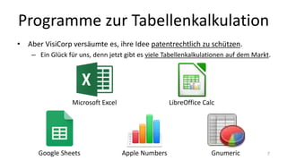 Programme zur Tabellenkalkulation
Microsoft Excel LibreOffice Calc
Apple NumbersGoogle Sheets Gnumeric
• Aber VisiCorp versäumte es, ihre Idee patentrechtlich zu schützen.
– Ein Glück für uns, denn jetzt gibt es viele Tabellenkalkulationen auf dem Markt.
7
 