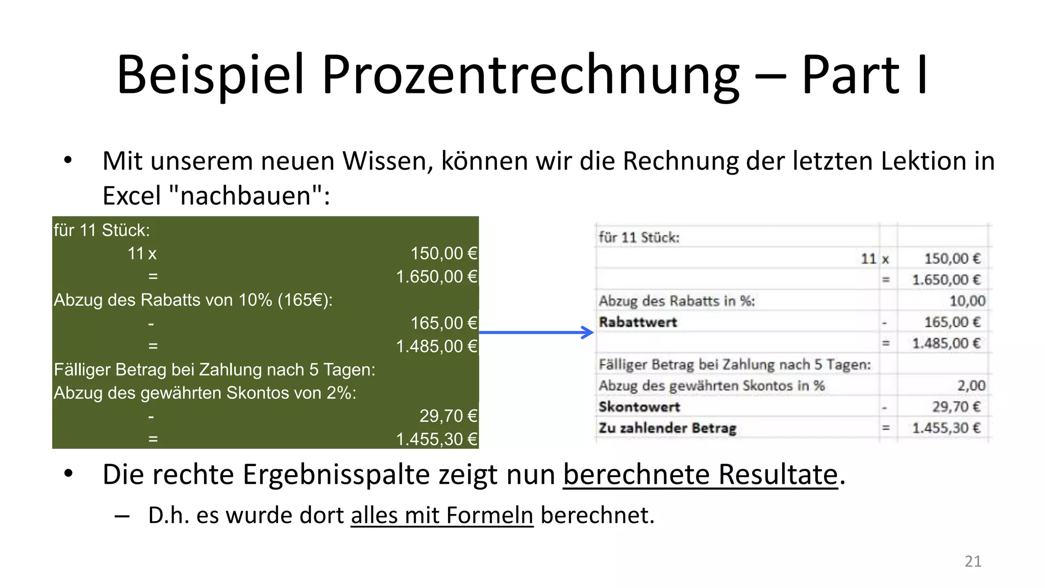Beispiel Prozentrechnung – Part I
• Mit unserem neuen Wissen, können wir die Rechnung der letzten Lektion in
Excel "nachbauen":
• Die rechte Ergebnisspalte zeigt nun berechnete Resultate.
– D.h. es wurde dort alles mit Formeln berechnet.
21
für 11 Stück:
11 x 150,00 €
= 1.650,00 €
Abzug des Rabatts von 10% (165€):
- 165,00 €
= 1.485,00 €
Fälliger Betrag bei Zahlung nach 5 Tagen:
Abzug des gewährten Skontos von 2%:
- 29,70 €
= 1.455,30 €
 
