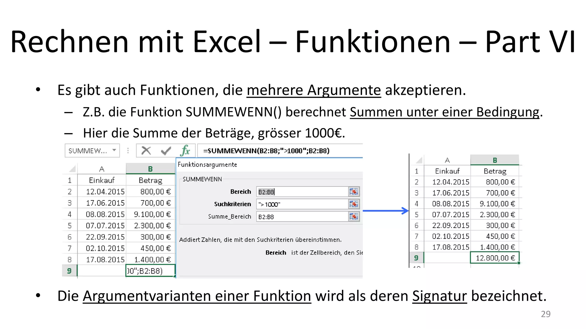 Rechnen mit Excel – Funktionen – Part VI
• Es gibt auch Funktionen, die mehrere Argumente akzeptieren.
– Z.B. die Funktion SUMMEWENN() berechnet Summen unter einer Bedingung.
– Hier die Summe der Beträge, grösser 1000€.
• Die Argumentvarianten einer Funktion wird als deren Signatur bezeichnet.
29
 