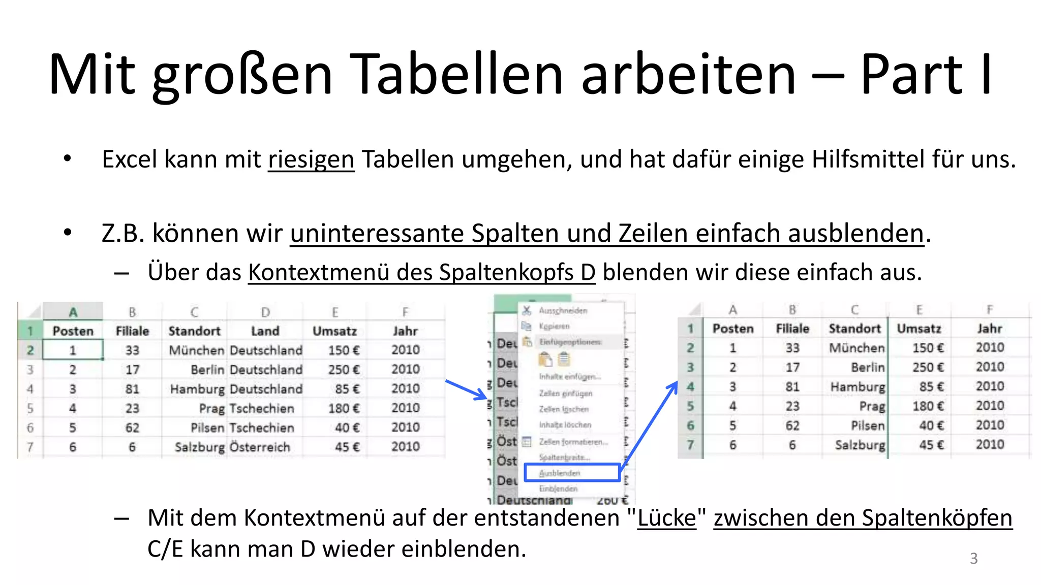 Mit großen Tabellen arbeiten – Part I
• Excel kann mit riesigen Tabellen umgehen, und hat dafür einige Hilfsmittel für uns.
• Z.B. können wir uninteressante Spalten und Zeilen einfach ausblenden.
– Über das Kontextmenü des Spaltenkopfs D blenden wir diese einfach aus.
– Mit dem Kontextmenü auf der entstandenen "Lücke" zwischen den Spaltenköpfen
C/E kann man D wieder einblenden. 3
 