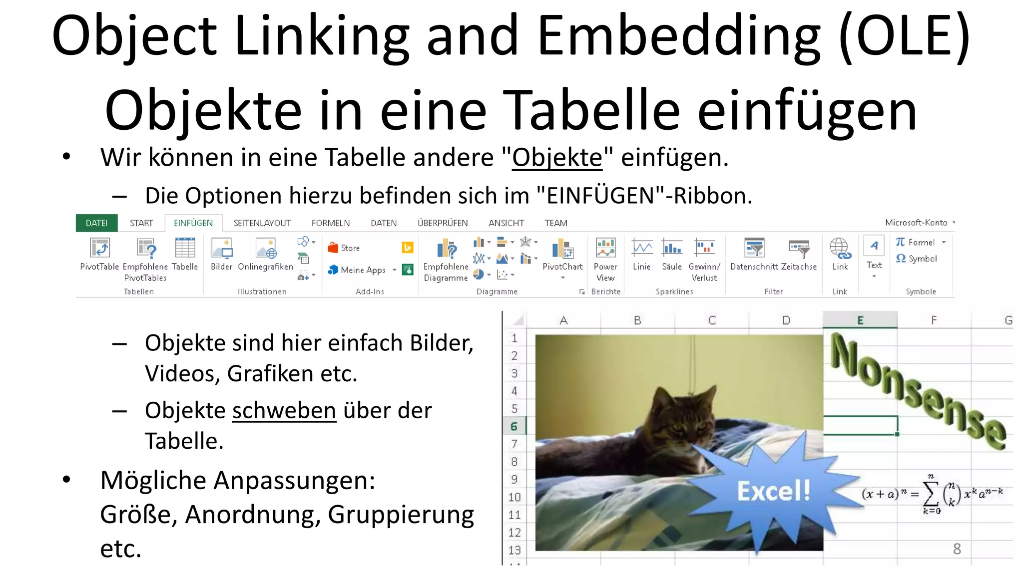 Object Linking and Embedding (OLE)
Objekte in eine Tabelle einfügen
• Wir können in eine Tabelle andere "Objekte" einfügen.
– Die Optionen hierzu befinden sich im "EINFÜGEN"-Ribbon.
– Objekte sind hier einfach Bilder,
Videos, Grafiken etc.
– Objekte schweben über der
Tabelle.
• Mögliche Anpassungen:
Größe, Anordnung, Gruppierung
etc. 8
 
