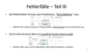 Fehlerfälle – Part III
• (4) Fehlerhafter Einsatz von Funktionen, "Schreibfehler" usw.
– Abhilfe: Den Funktionsnamen richtig schreiben, Klammerung und Formel prüfen usw.
• (5) Ein (berechneter) Wert ist zu groß für Excels interne Logik.
– Abhilfe: Wert, bzw. Formel überprüfen. Ggf. Rechenverfahren umstellen.
34
 