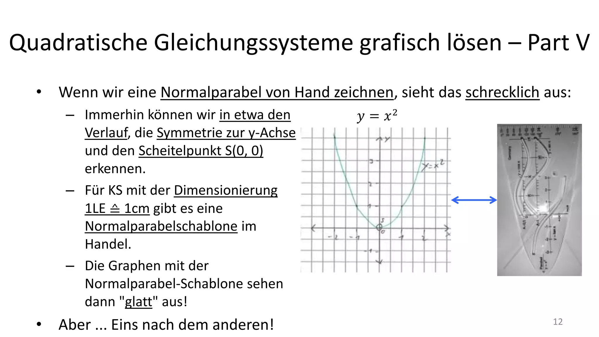 Quadratische Gleichungssysteme grafisch lösen – Part V
• Wenn wir eine Normalparabel von Hand zeichnen, sieht das schrecklich aus:
– Immerhin können wir in etwa den
Verlauf, die Symmetrie zur y-Achse
und den Scheitelpunkt S(0, 0)
erkennen.
– Für KS mit der Dimensionierung
1LE ≙ 1cm gibt es eine
Normalparabelschablone im
Handel.
– Die Graphen mit der
Normalparabel-Schablone sehen
dann "glatt" aus!
• Aber ... Eins nach dem anderen! 12
 