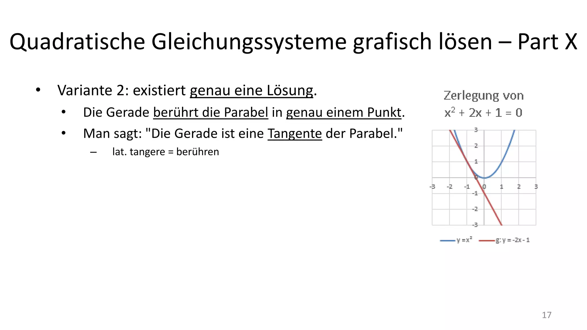Quadratische Gleichungssysteme grafisch lösen – Part X
• Variante 2: existiert genau eine Lösung.
• Die Gerade berührt die Parabel in genau einem Punkt.
• Man sagt: "Die Gerade ist eine Tangente der Parabel."
– lat. tangere = berühren
17
 