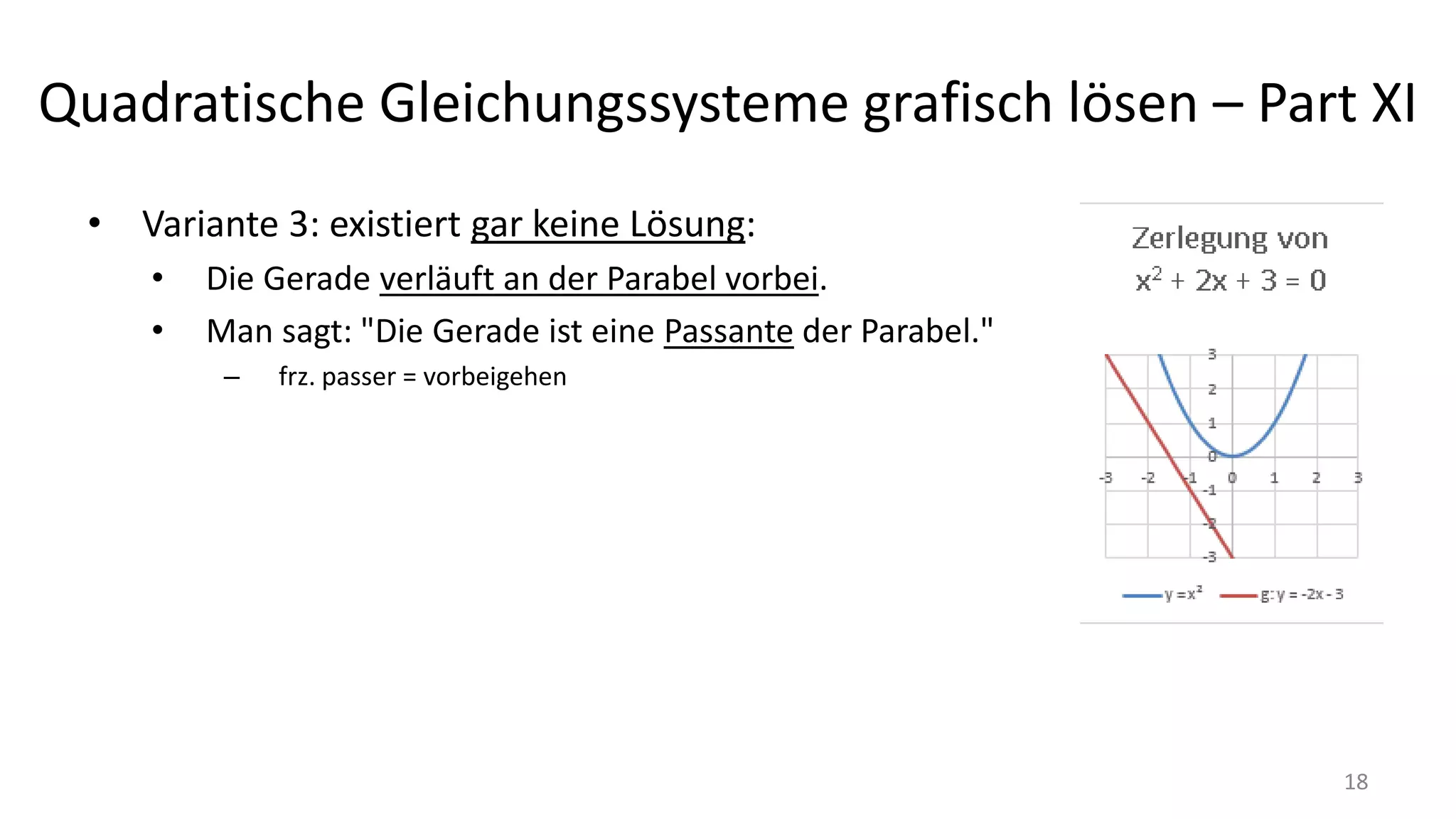 Quadratische Gleichungssysteme grafisch lösen – Part XI
• Variante 3: existiert gar keine Lösung:
• Die Gerade verläuft an der Parabel vorbei.
• Man sagt: "Die Gerade ist eine Passante der Parabel."
– frz. passer = vorbeigehen
18
 