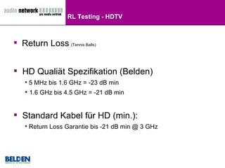 RL Testing - HDTV Return Loss   (Tennis Balls) HD Qualiät Spezifikation (Belden) 5 MHz bis 1.6 GHz = -23 dB min 1.6 GHz bis 4.5 GHz = -21 dB min Standard Kabel für HD (min.): Return Loss Garantie bis  -21 dB min @  3 GHz 
