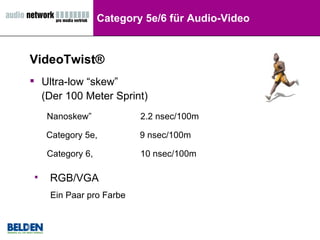 Category 5e/6 für Audio-Video Ultra-low “skew”  (Der 100 Meter Sprint) Nanoskew”  2.2 nsec/100m Category 5e,  9 nsec/100m Category 6,  10 nsec/100m RGB/VGA Ein Paar pro Farbe VideoTwist® 