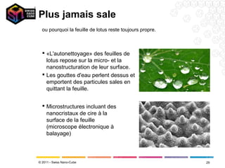 Plus jamais sale
  ou pourquoi la feuille de lotus reste toujours propre.



   «L'autonettoyage» des feuilles de
    lotus repose sur la micro- et la
    nanostructuration de leur surface.
   Les gouttes d'eau perlent dessus et
    emportent des particules sales en
    quittant la feuille.


   Microstructures incluant des
    nanocristaux de cire à la
    surface de la feuille
    (microscope électronique à
    balayage)




© 2011 - Swiss Nano-Cube                                   29
 