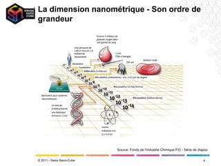 La dimension nanométrique - Son ordre de
grandeur




                           Source: Fonds de l'Industrie Chimique FIC - Série de diapos


© 2011 - Swiss Nano-Cube                                                           4
 