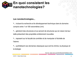 En quoi consistent les
nanotechnologies?


Les nanotechnologies...

... incluent la recherche et le développement technique dans le domaine
compris entre 1 et 100 nanomètres (nm)

... génèrent des structures et se servent de structures qui en raison de leur
taille présentent des propriétés entièrement nouvelles

... reposent sur la faculté de contrôler et de manipuler à l'échelle de
l'atome

... synthétisent ces domaines classiques que sont la chimie, la physique et
la biologie

                                            Source: www.nano.gov/html/facts/whatIsNano.html

© 2011 - Swiss Nano-Cube                                                                 9
 