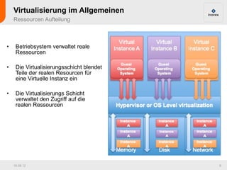 Virtualisierung im Allgemeinen
    Ressourcen Aufteilung



•    Betriebsystem verwaltet reale
     Ressourcen

•    Die Virtualisierungsschicht blendet
     Teile der realen Resourcen für
     eine Virtuelle Instanz ein

•    Die Virtualisierungs Schicht
     verwaltet den Zugriff auf die
     realen Ressourcen




    16.08.12                               6
 
