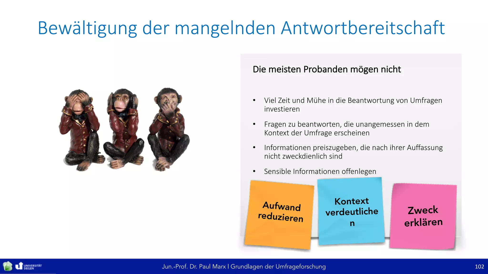 Jun.-Prof. Dr. Paul Marx | Grundlagen der Umfrageforschung
Bewältigung	der	mangelnden	Antwortbereitschaft
102
Die	meisten	Probanden	mögen	nicht
• Viel	Zeit	und	Mühe	in	die	Beantwortung	von	Umfragen	
investieren
• Fragen	zu	beantworten,	die	unangemessen	in	dem	
Kontext	der	Umfrage	erscheinen
• Informationen	preiszugeben,	die	nach	ihrer	Auffassung	
nicht	zweckdienlich	sind
• Sensible	Informationen	offenlegen
 