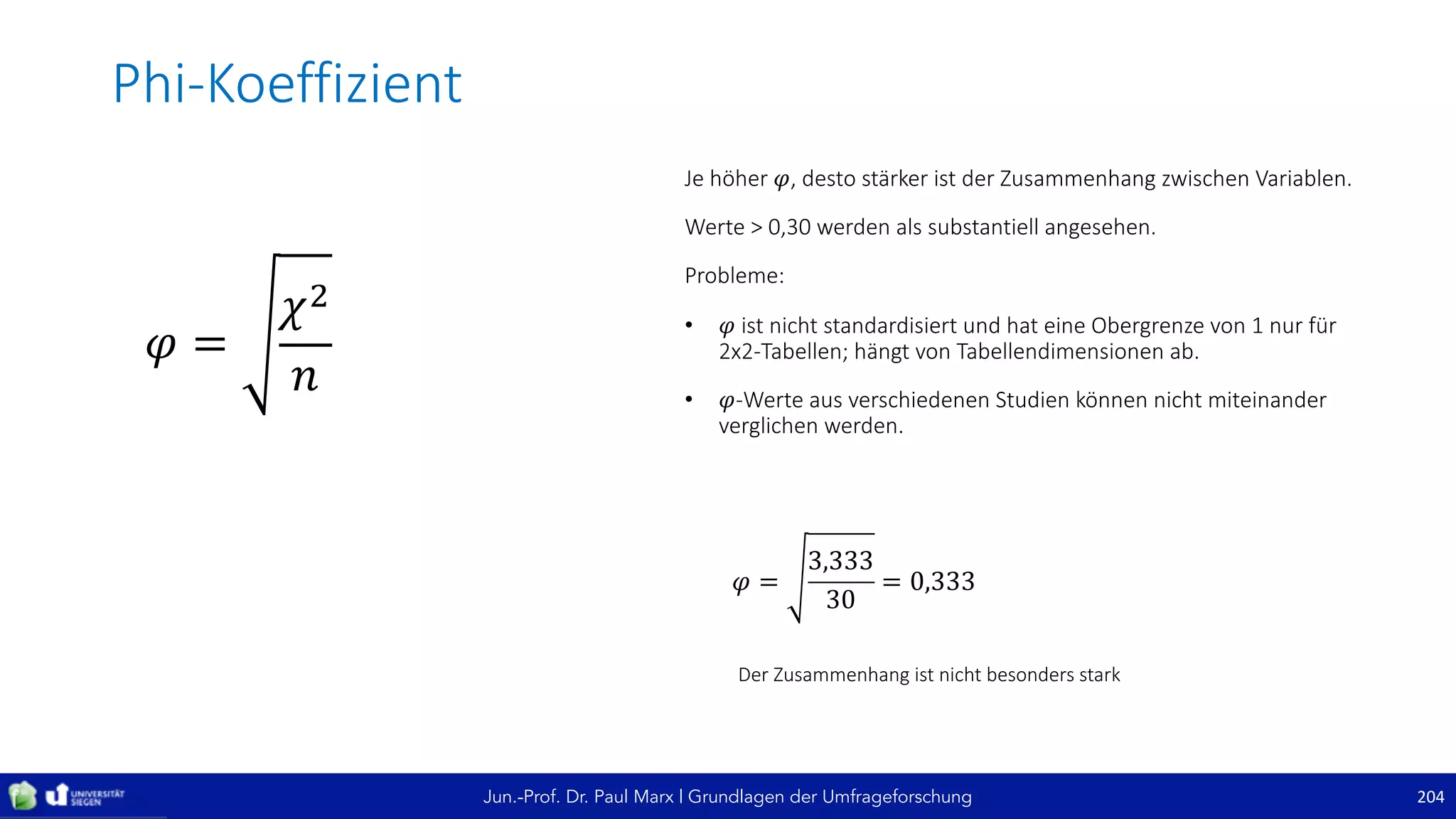 Jun.-Prof. Dr. Paul Marx | Grundlagen der Umfrageforschung
Phi-Koeffizient
204
𝜑 =
𝜒6
𝑛
𝜑 =
3,333
30
= 0,333
Je	höher	𝜑,	desto	stärker	ist	der	Zusammenhang	zwischen	Variablen.
Werte	>	0,30	werden	als	substantiell	angesehen.
Probleme:
• 𝜑 ist	nicht	standardisiert	und	hat	eine	Obergrenze	von	1	nur	für	
2x2-Tabellen;	hängt	von	Tabellendimensionen	ab.
• 𝜑-Werte	aus	verschiedenen	Studien	können	nicht	miteinander	
verglichen	werden.
Der	Zusammenhang	ist	nicht	besonders	stark
 