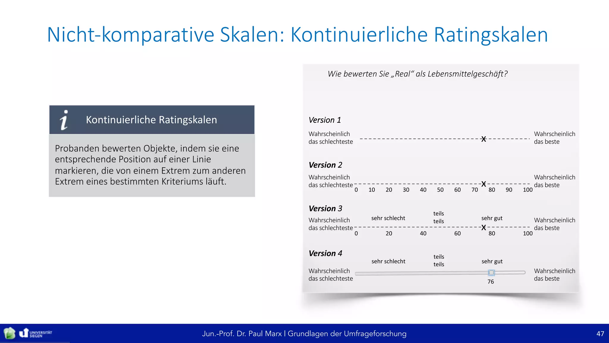 Jun.-Prof. Dr. Paul Marx | Grundlagen der Umfrageforschung
Nicht-komparative	Skalen:	Kontinuierliche	Ratingskalen
47
Probanden	bewerten	Objekte,	indem	sie	eine	
entsprechende	Position	auf	einer	Linie	
markieren,	die	von	einem	Extrem	zum	anderen	
Extrem	eines	bestimmten	Kriteriums	läuft.	
Wie	bewerten	Sie	„Real“	als	Lebensmittelgeschäft?
Kontinuierliche	Ratingskalen
Wahrscheinlich	
das	schlechteste
Wahrscheinlich	
das	beste
Version	1
х
Wahrscheinlich	
das	schlechteste
Wahrscheinlich	
das	beste
Version	2
х0 10 20 30 40 50 60 70 80 90 100
Wahrscheinlich	
das	schlechteste
Wahrscheinlich	
das	beste
Version	3
х0 20 40 60 80 100
sehr	schlecht sehr	gut
teils	
teils
Wahrscheinlich	
das	schlechteste
Wahrscheinlich	
das	beste
Version	4
76
sehr	schlecht sehr	gut
teils	
teils
 