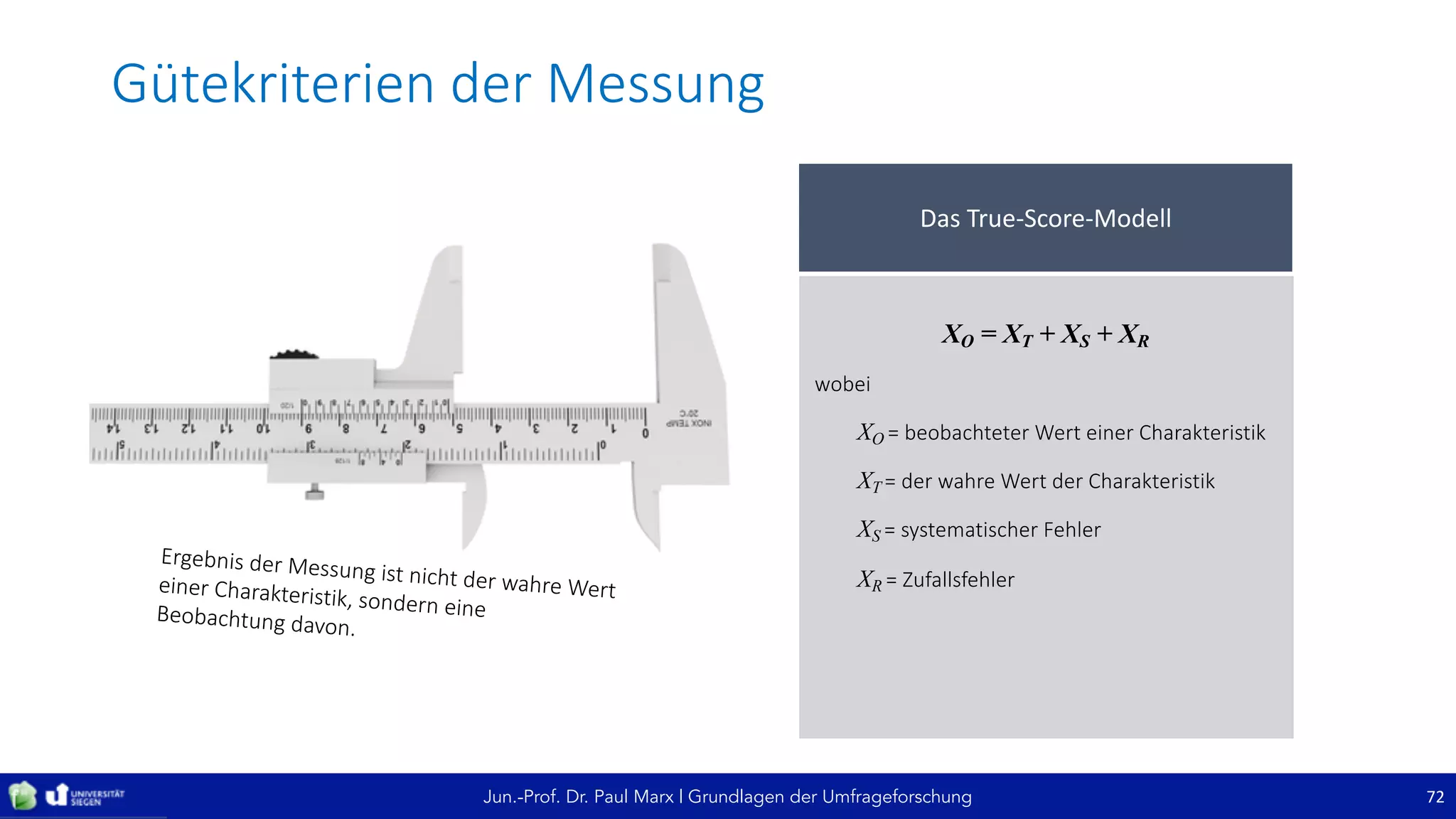Jun.-Prof. Dr. Paul Marx | Grundlagen der Umfrageforschung
Gütekriterien	der	Messung
72
Das	True-Score-Modell
ХO = ХT + ХS + ХR
wobei
ХO =	beobachteter	Wert	einer	Charakteristik
ХT =	der	wahre	Wert	der	Charakteristik
ХS =	systematischer	Fehler
ХR =	Zufallsfehler
 