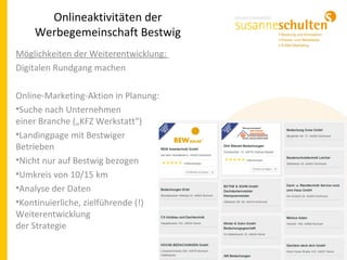 Onlineaktivitäten der
Werbegemeinschaft Bestwig
Möglichkeiten der Weiterentwicklung:
Digitalen Rundgang machen
Online-Marketing-Aktion in Planung:
•Suche nach Unternehmen
einer Branche („KFZ Werkstatt“)
•Landingpage mit Bestwiger
Betrieben
•Nicht nur auf Bestwig bezogen
•Umkreis von 10/15 km
•Analyse der Daten
•Kontinuierliche, zielführende (!)
Weiterentwicklung
der Strategie
 