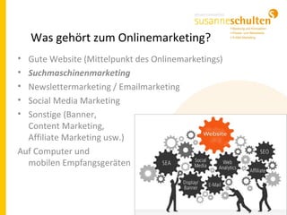 • Gute Website (Mittelpunkt des Onlinemarketings)
• Suchmaschinenmarketing
• Newslettermarketing / Emailmarketing
• Social Media Marketing
• Sonstige (Banner,
Content Marketing,
Affiliate Marketing usw.)
Auf Computer und
mobilen Empfangsgeräten
Was gehört zum Onlinemarketing?
 