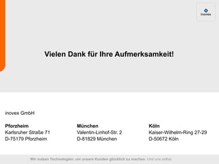 Vielen Dank für Ihre Aufmerksamkeit!




inovex GmbH

Pforzheim                           München                                 Köln
Karlsruher Straße 71                Valentin-Linhof-Str. 2                  Kaiser-Wilhelm-Ring 27-29
D-75179 Pforzheim                   D-81829 München                         D-50672 Köln



           Wir nutzen Technologien, um unsere Kunden glücklich zu machen. Und uns selbst.
 