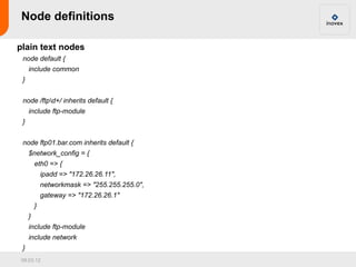 Node definitions

plain text nodes
 node default {
     include common
 }


 node /ftpd+/ inherits default {
     include ftp-module
 }


 node ftp01.bar.com inherits default {
     $network_config = {
         eth0 => {
             ipadd => "172.26.26.11",
             networkmask => "255.255.255.0",
             gateway => "172.26.26.1"
         }
     }
     include ftp-module
     include network
 }
09.03.12
 
