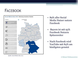 FACEBOOK
                                   • 89% aller Social
                                     Media Nutzer nutzen
                                     Facebook

                                   • Bayern ist mit 93%
                                     Facebook Nutzern
                                     Spitzenreiter

                                   • Nach Facebook wird
                                     YouTube mit 84% am
                                     häufigsten genutzt


 Quelle: Social Media Atlas 2012
                                              © Melanie Waldmannstetter
 