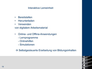 Interaktive Lerneinheit Bereitstellen Herunterladen Verwenden von digitalem Arbeitsmaterial    Selbstgesteuerte Erarbeitung von Bildungsinhalten Online- und Offline-Anwendungen - Lernprogramme - Onlinehilfen - Simulationen 