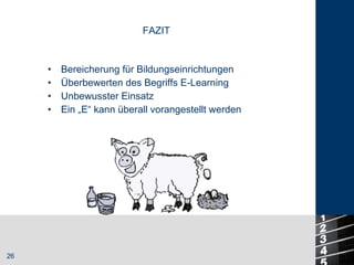 Bereicherung für Bildungseinrichtungen Überbewerten des Begriffs E-Learning Unbewusster Einsatz Ein „E“ kann überall vorangestellt werden FAZIT 