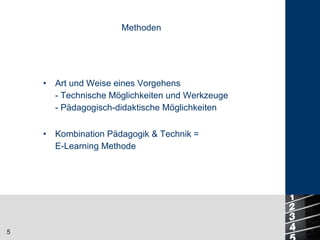 Art und Weise eines Vorgehens - Technische Möglichkeiten und Werkzeuge - Pädagogisch-didaktische Möglichkeiten Methoden Kombination Pädagogik & Technik =  E-Learning Methode 